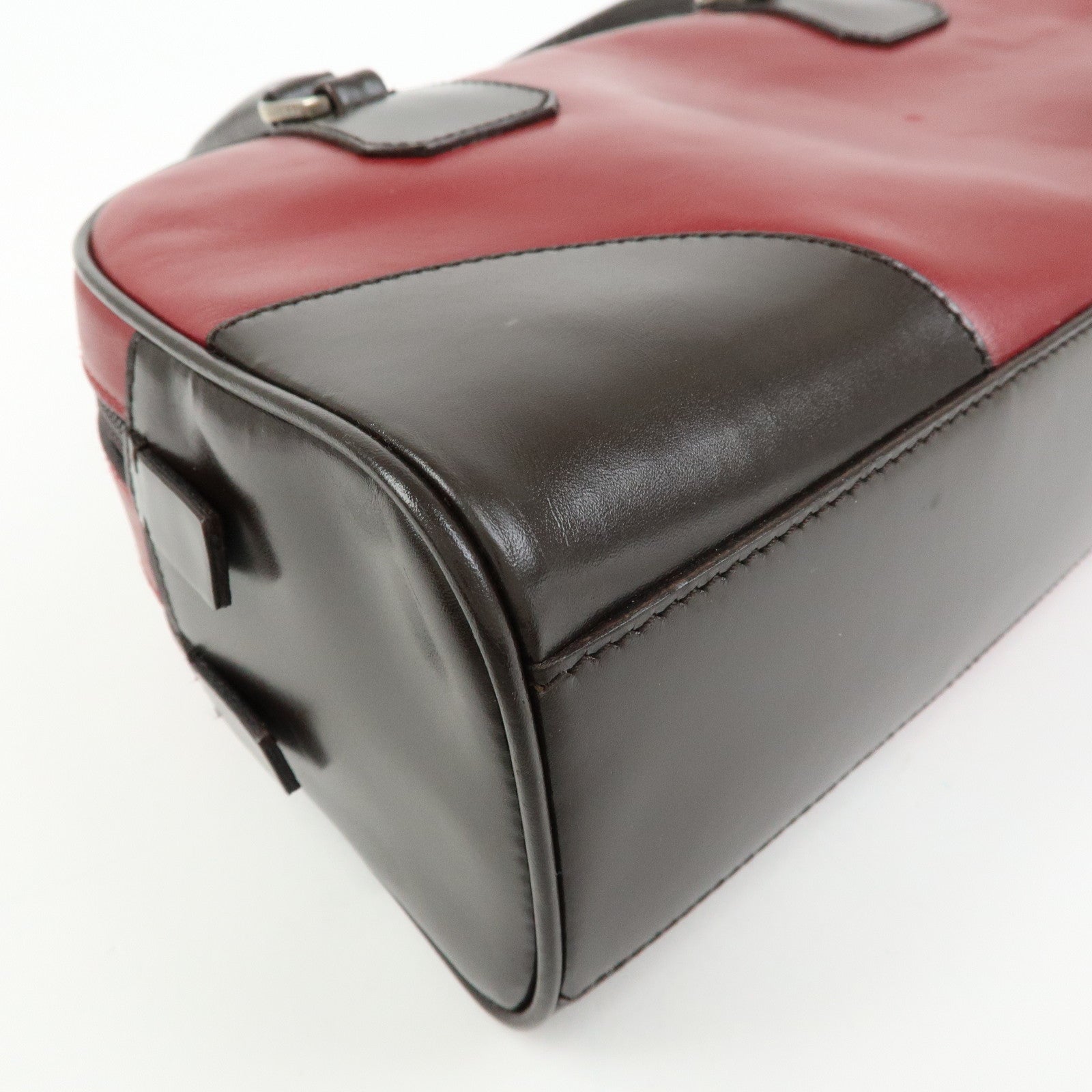 PRADA Leather Bicolor Hand Bag Mini Boston Bag Red Brown