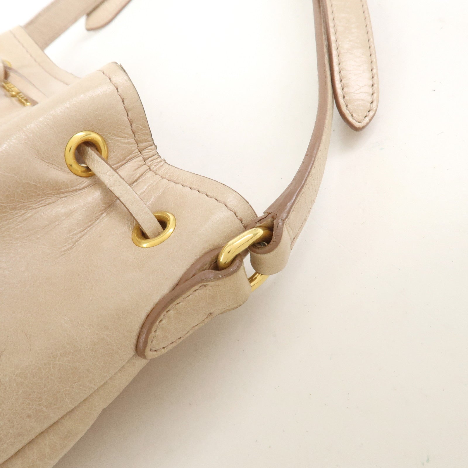 MIU MIU Logo Leather Drawstring Shoulder Bag Crossbody Bag Beige
