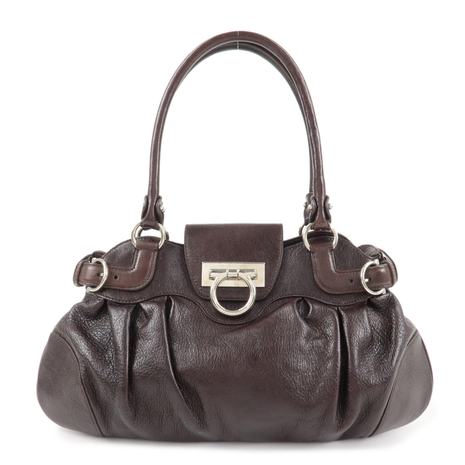 Ferragamo Ganchini Leather Shoulder Bag Hand Bag Dark Brown Used