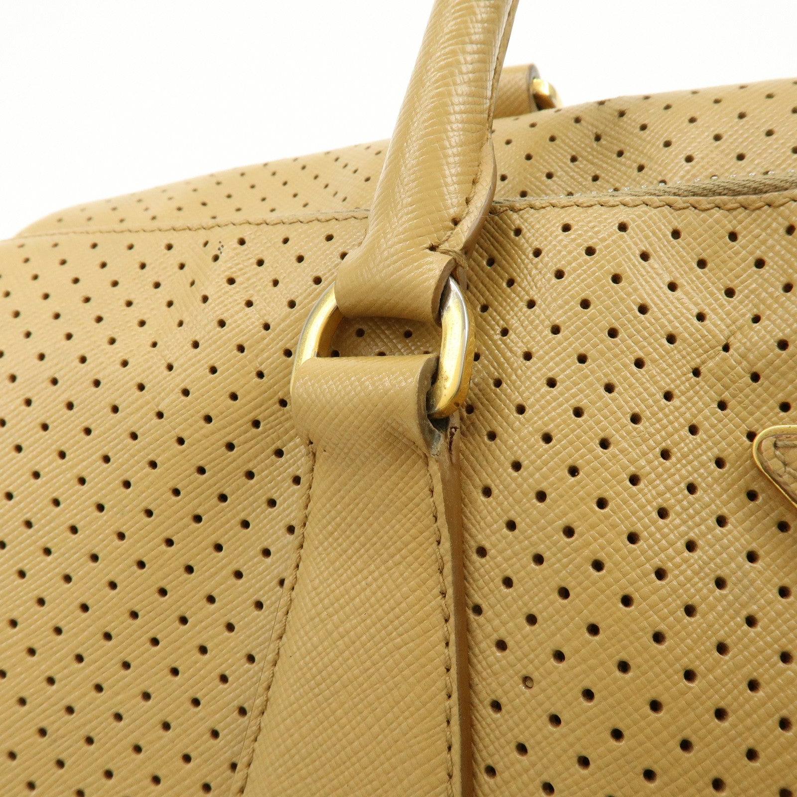 PRADA Triangle Logo Saffiano Leather Punched Boston Bag Beige