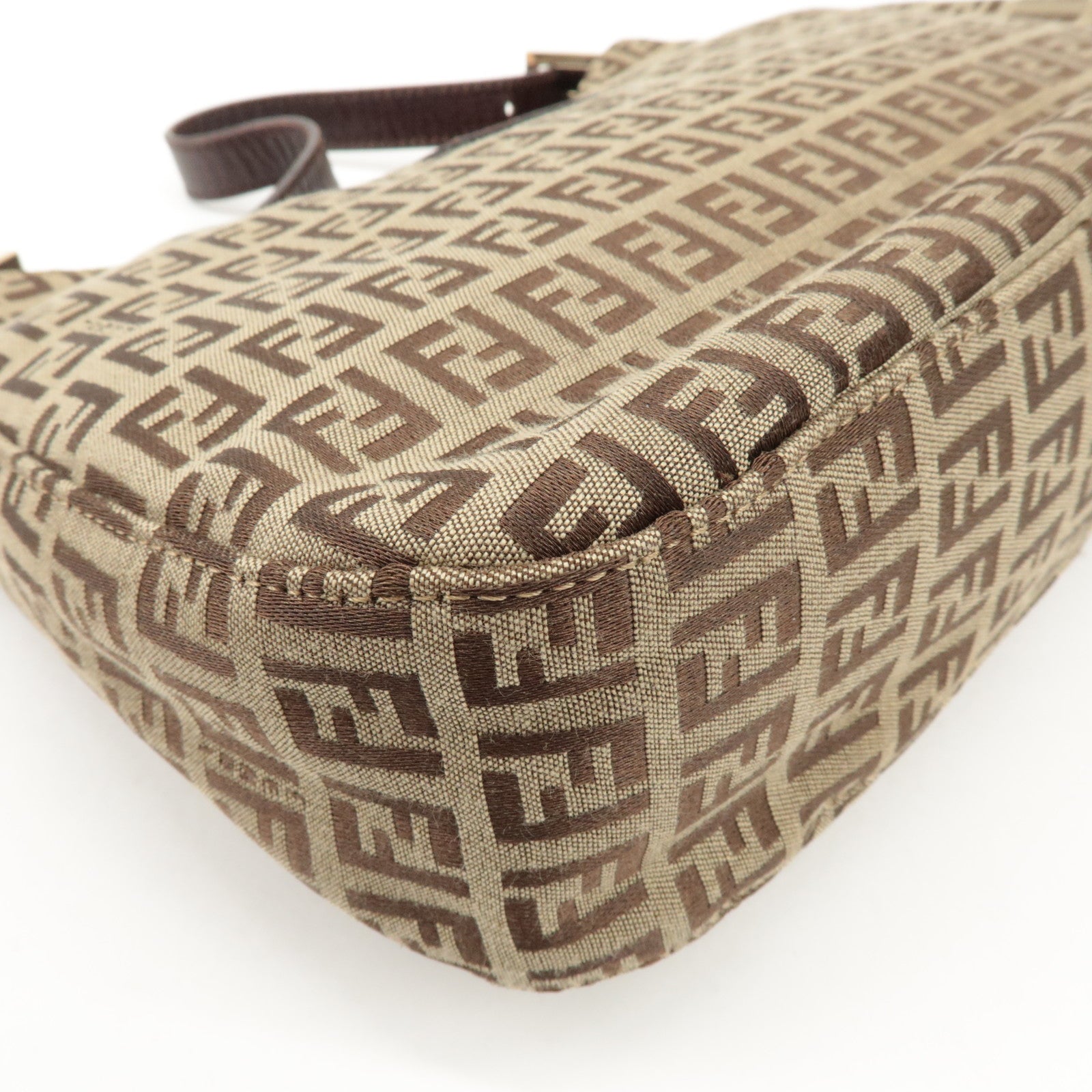 FENDI Zucchino Canvas Leather Shoulder Bag Beige Brown 8BR036 Used