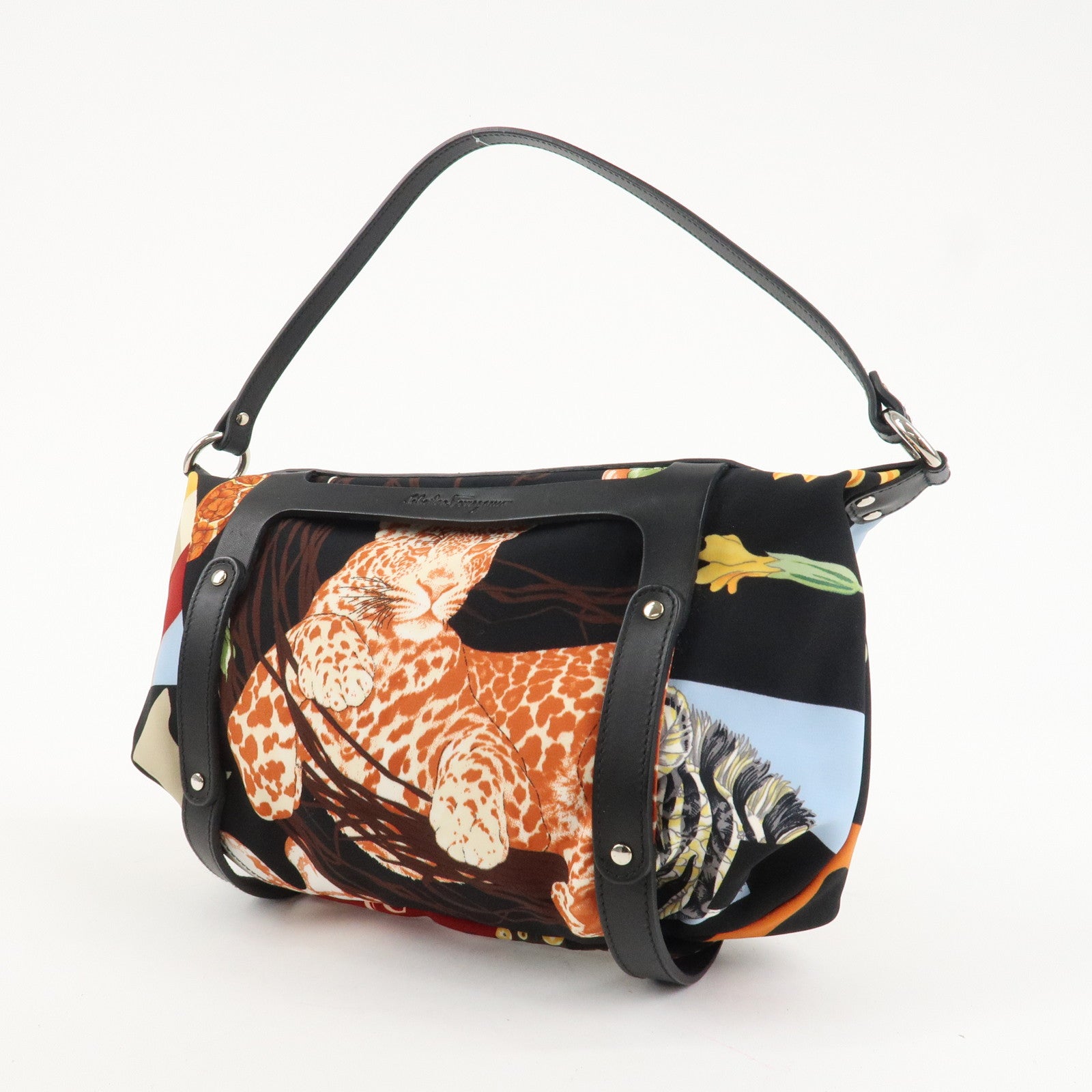 Ferragamo Nylon Leather Mini Hand Bag Pouch Multicolor Black Used