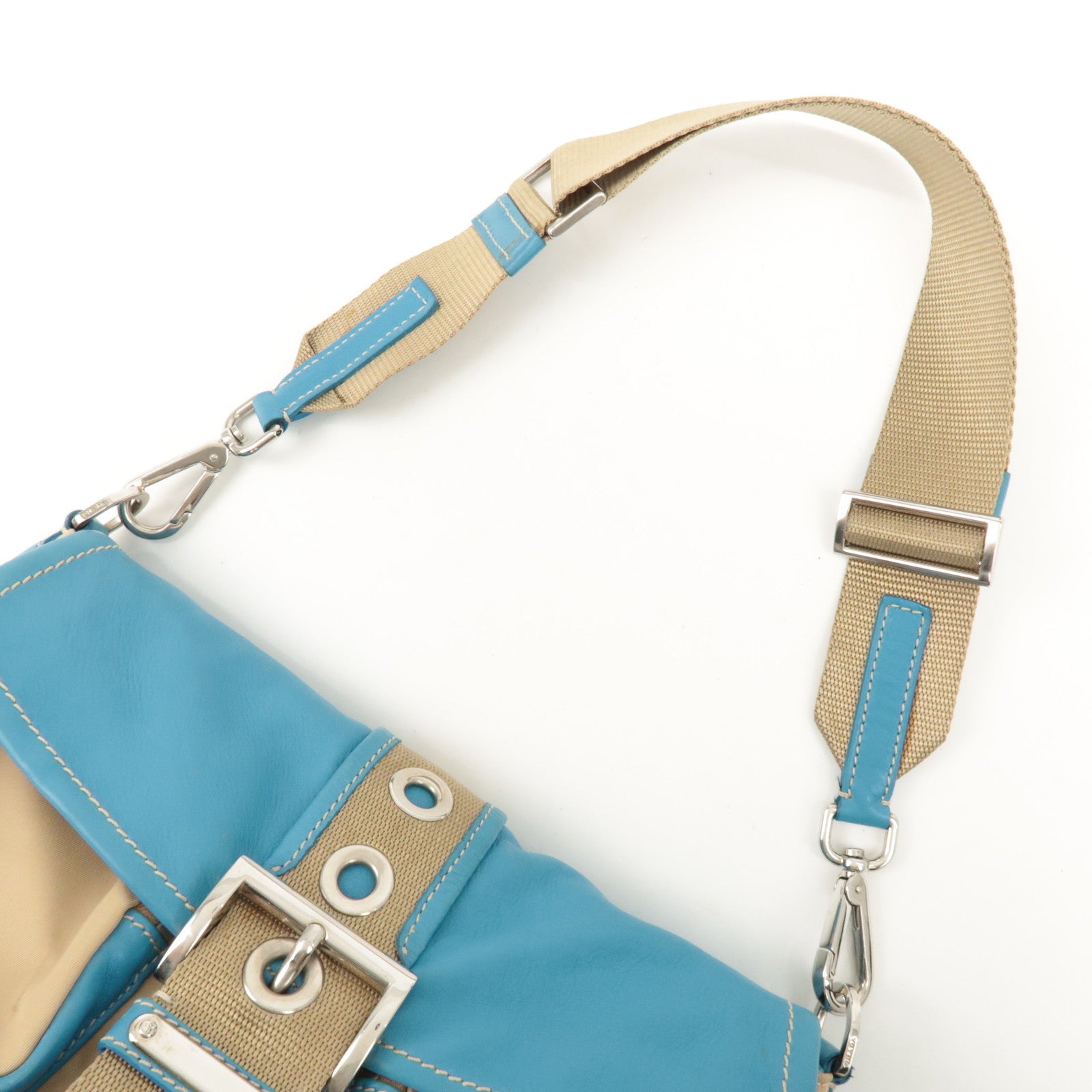 PRADA Nylon Leather Shoulder Bag Crossbody Bag Blue Beige BR2417 Used
