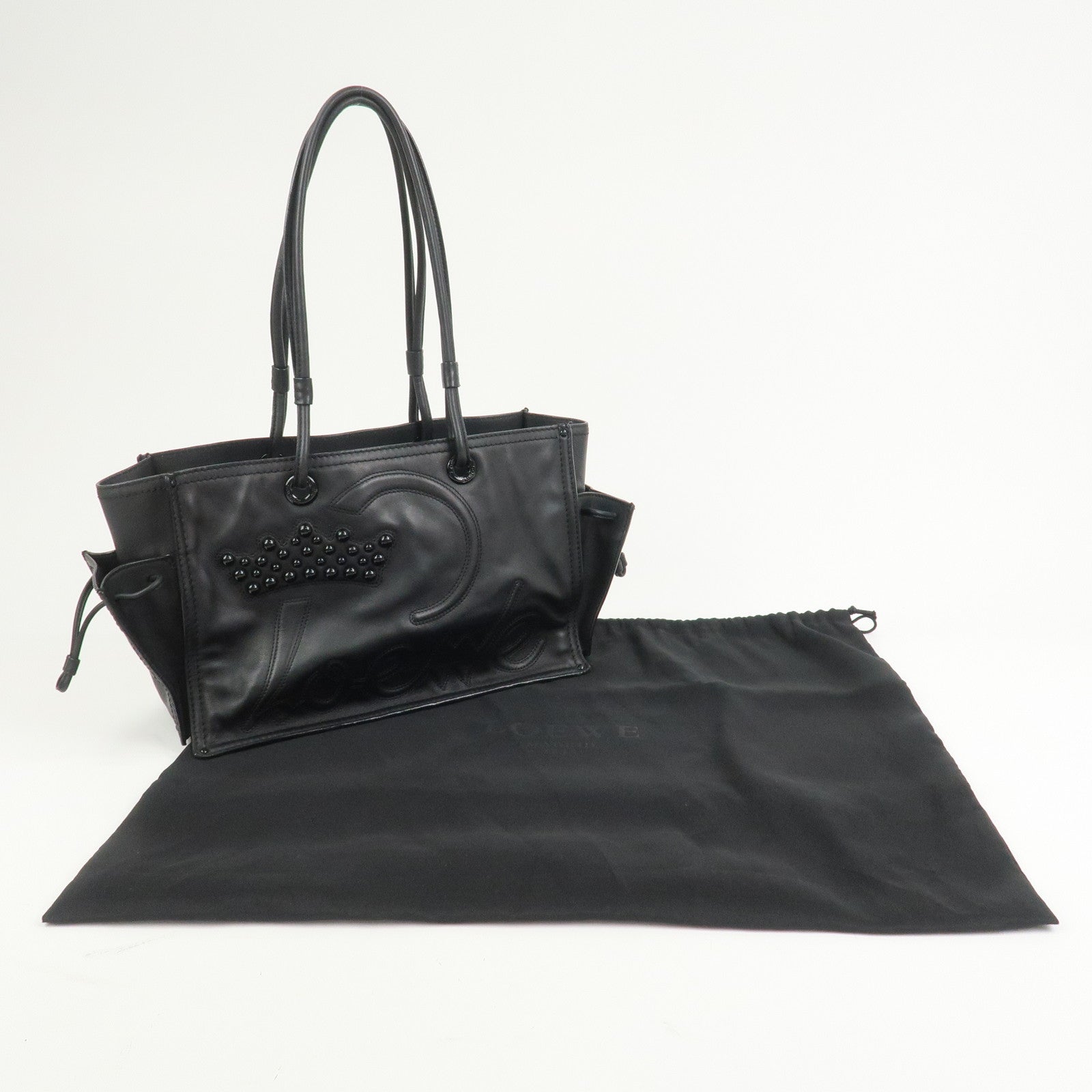 LOEWE Logo Leather Shopper Tote Bag Shoulder Bag Hand Bag Black