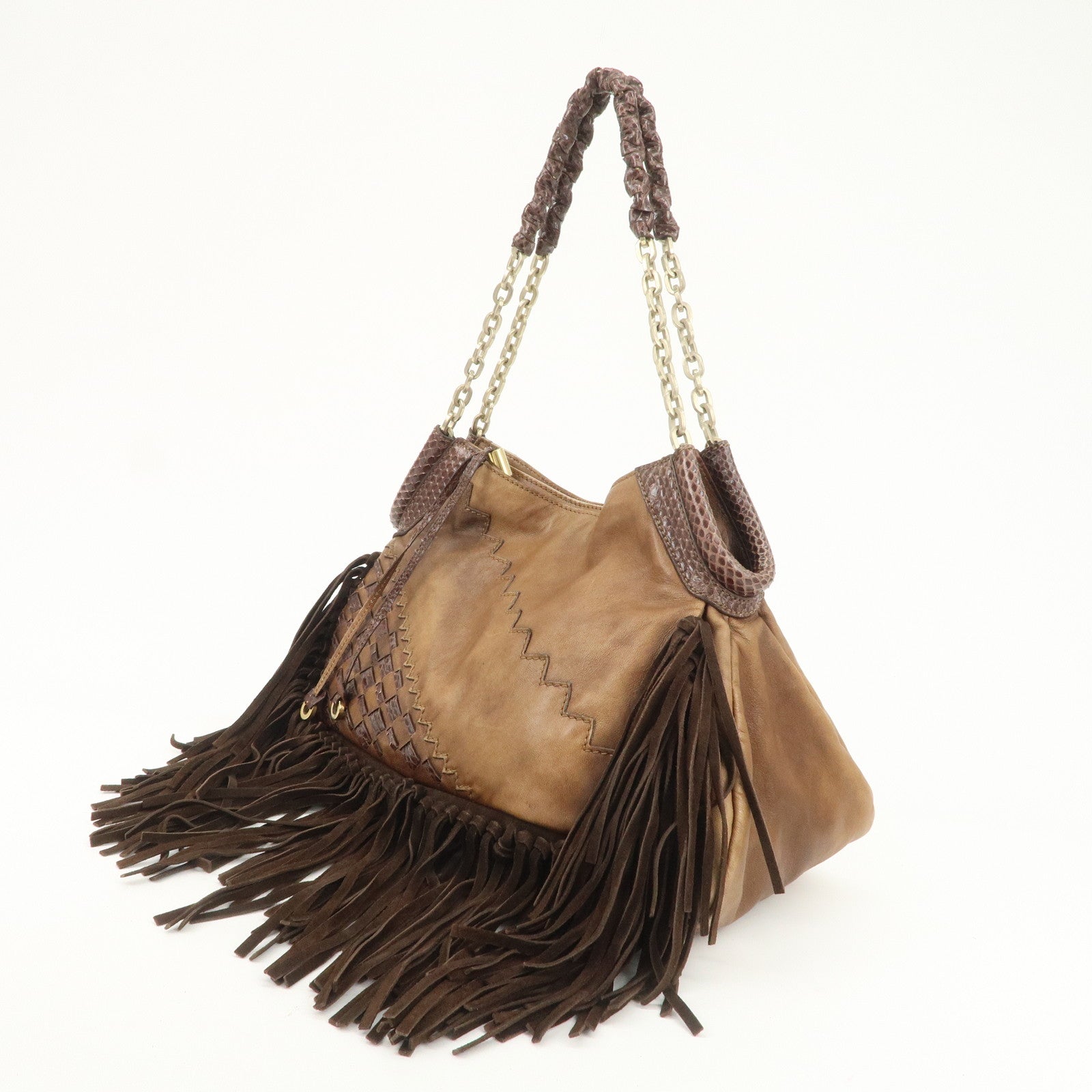 JIMMY CHOO Leather Suede Chain Shoulder Bag Hand Bag Brown