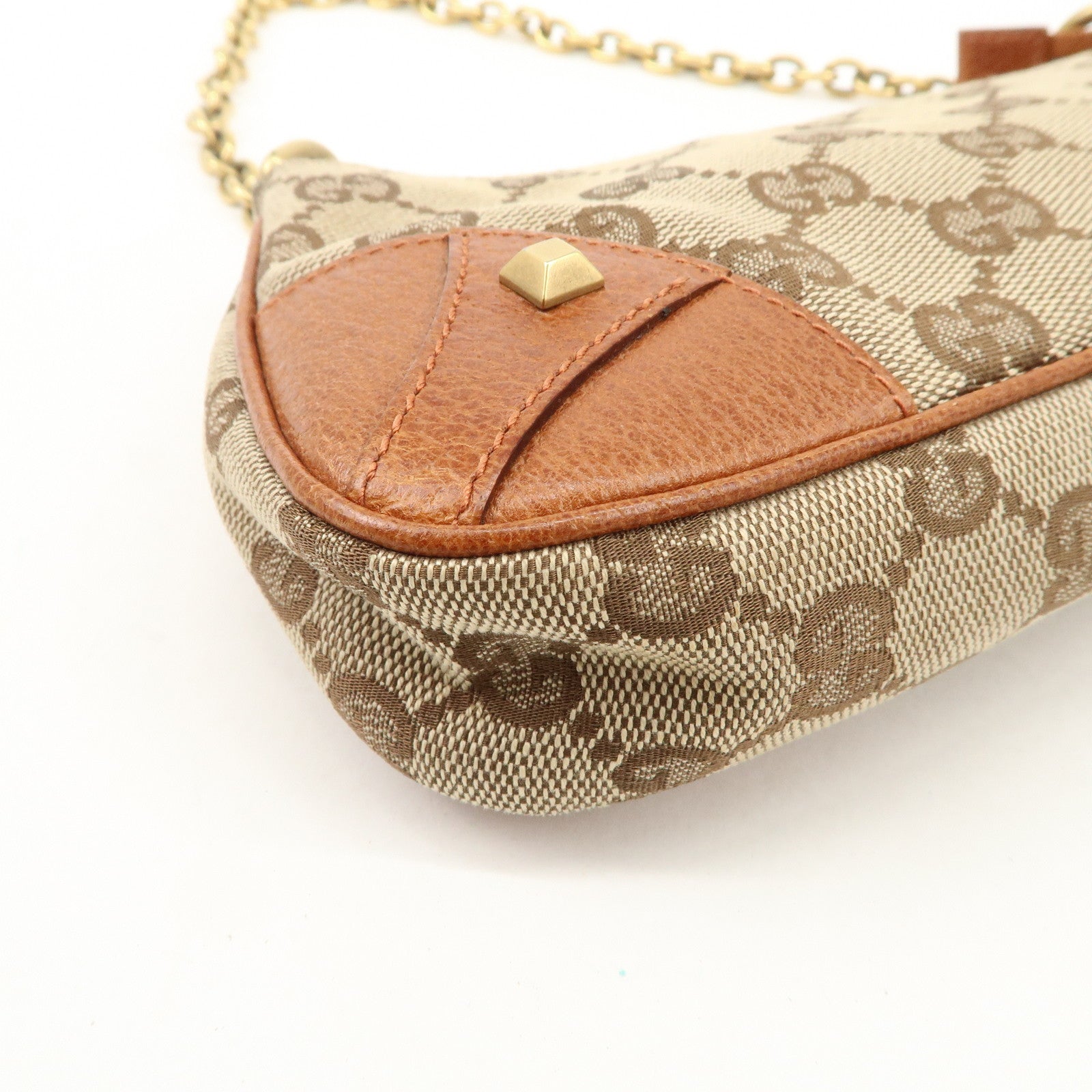 GUCCI GG Canvas Leather Chain Hand Bag Pouch Beige Brown 120940 Used