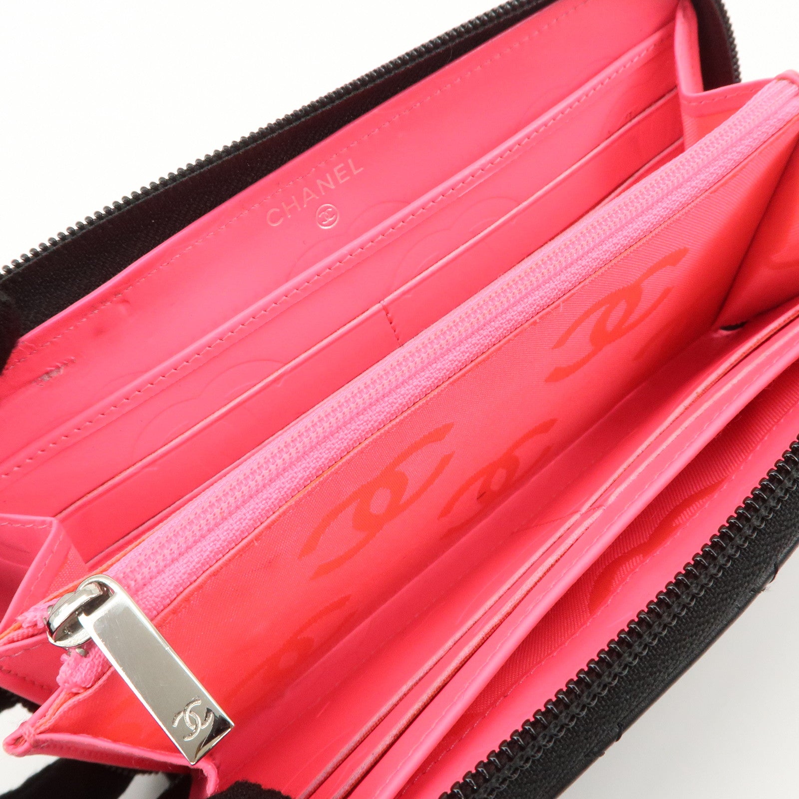 CHANEL Cambon Line Lamb Skin Round Zippy Long Wallet Black A50078 Used