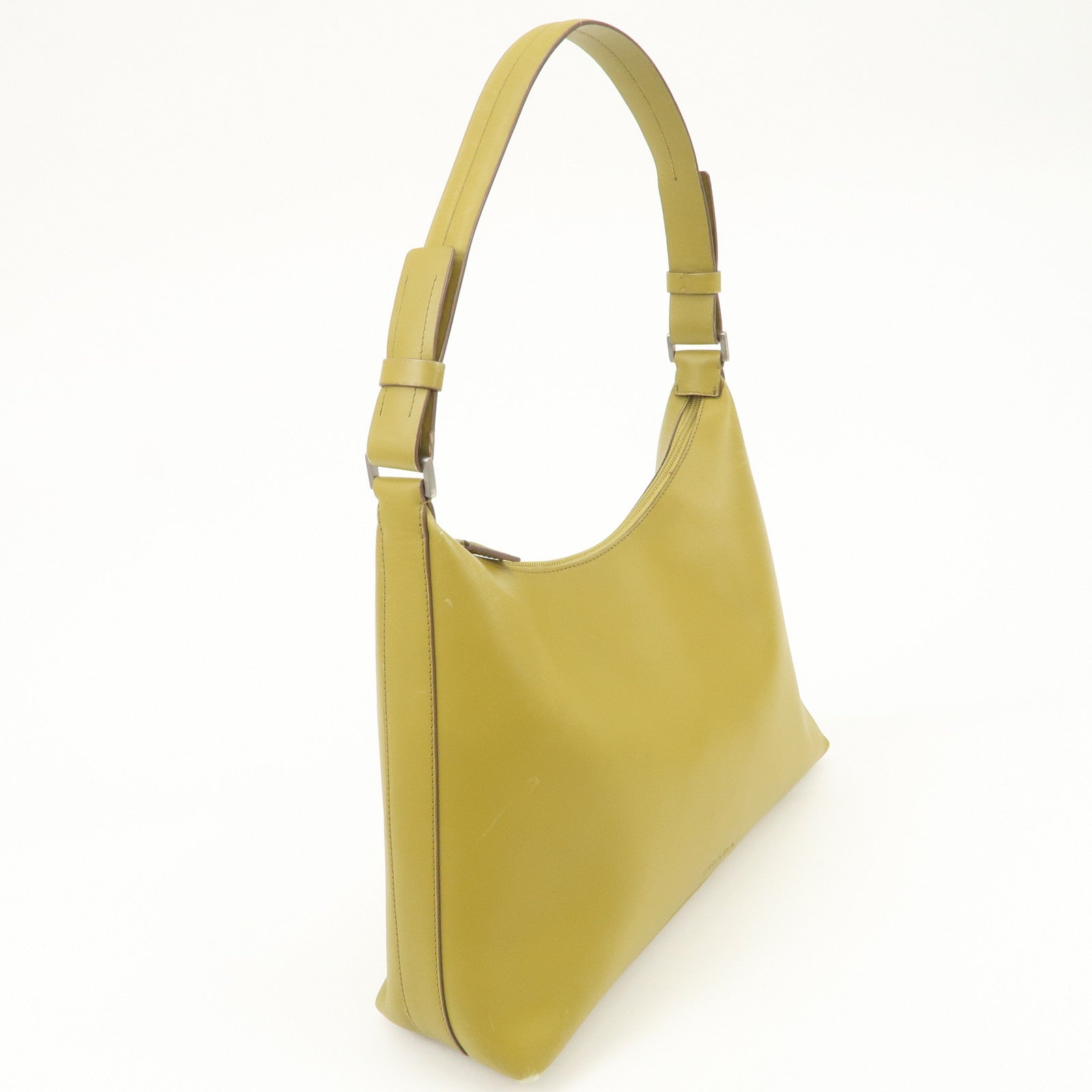 PRADA Leather Shoulder Bag Mustard Silver Hardware Used