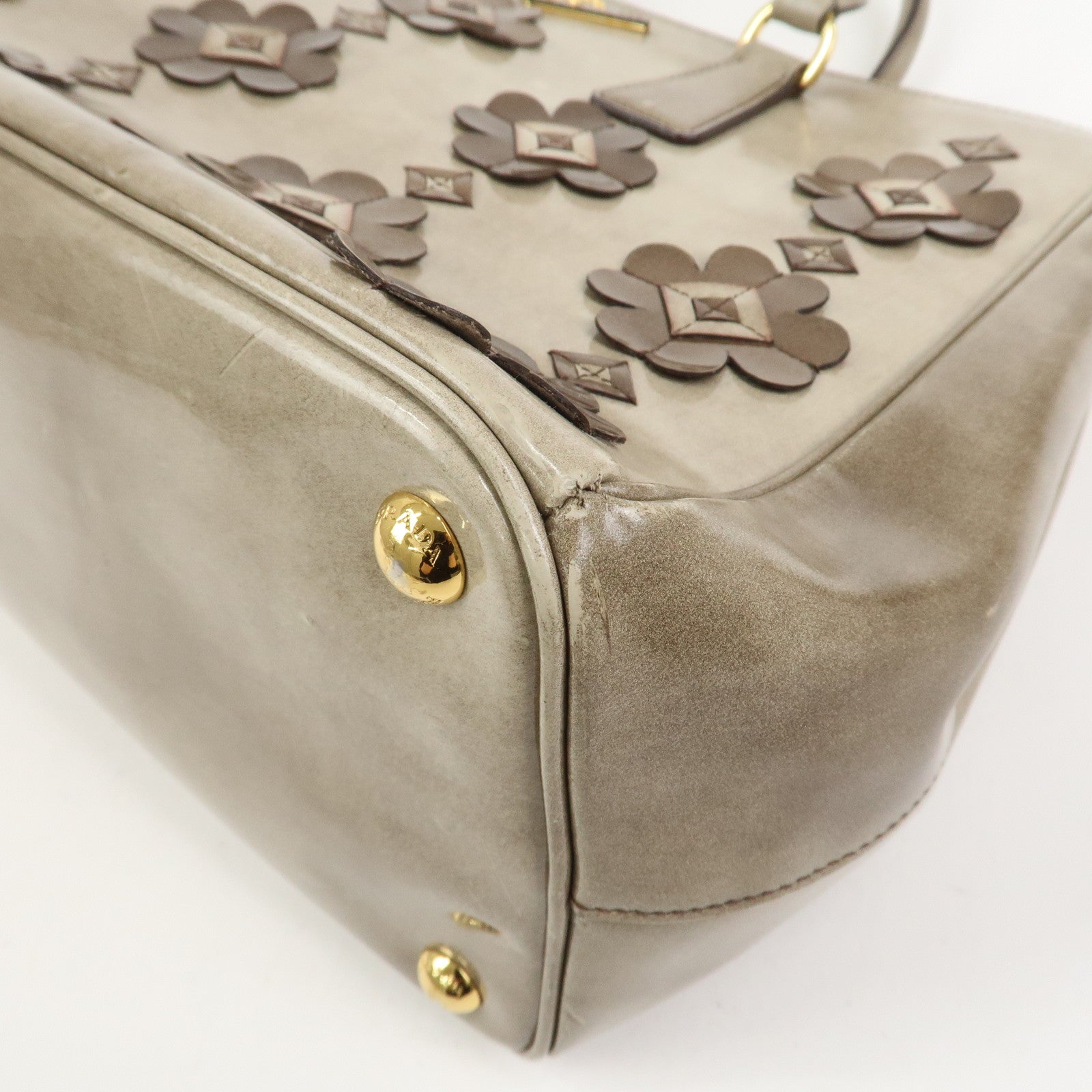 PRADA Patent Leather Flower Galleria 2Way Tote Bag Greige BB2274F