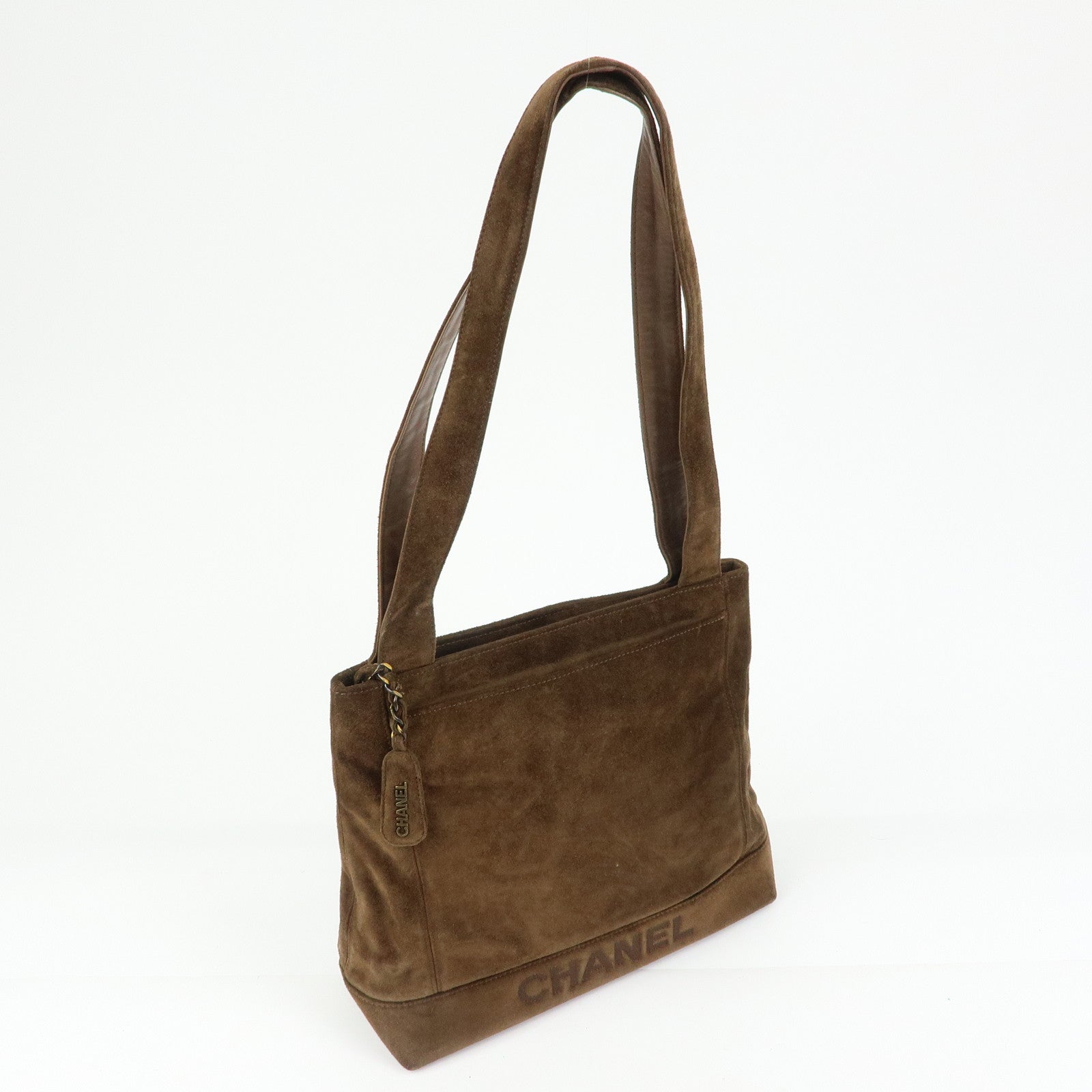 CHANEL Logo Suede Tote Bag Shoulder Bag Brown