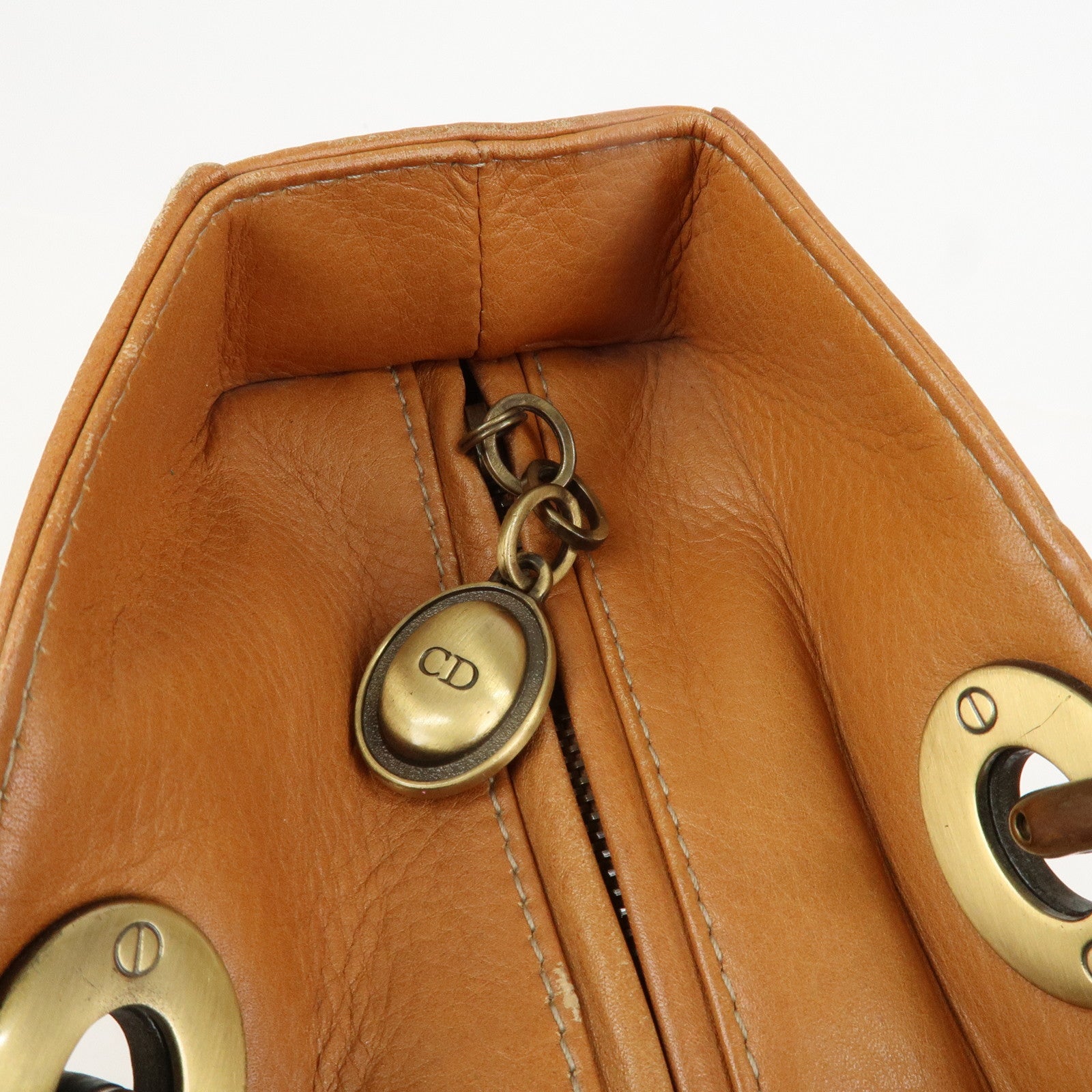 Christian Dior Lady Dior Leather Tote Bag Hand Bag Brown Gold