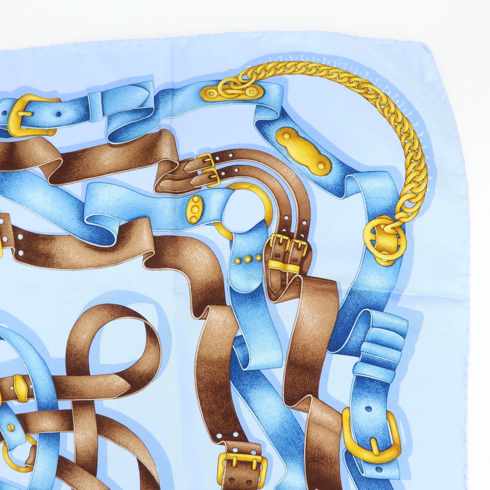 GUCCI Silk 100% Scarf 90x90 Strap Motif Light Blue Brown