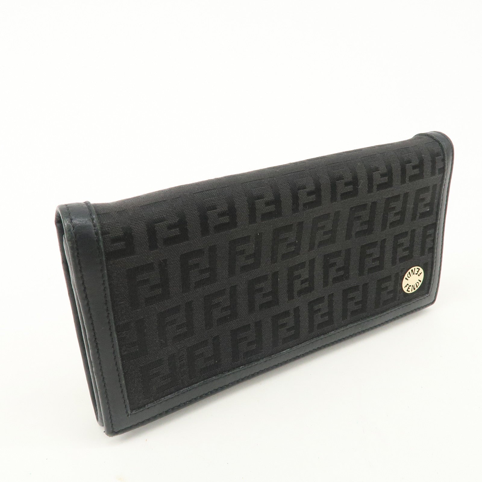 FENDI Zucchino Canvas Leather Bi-fold Long Wallet Black 8M0000 Used