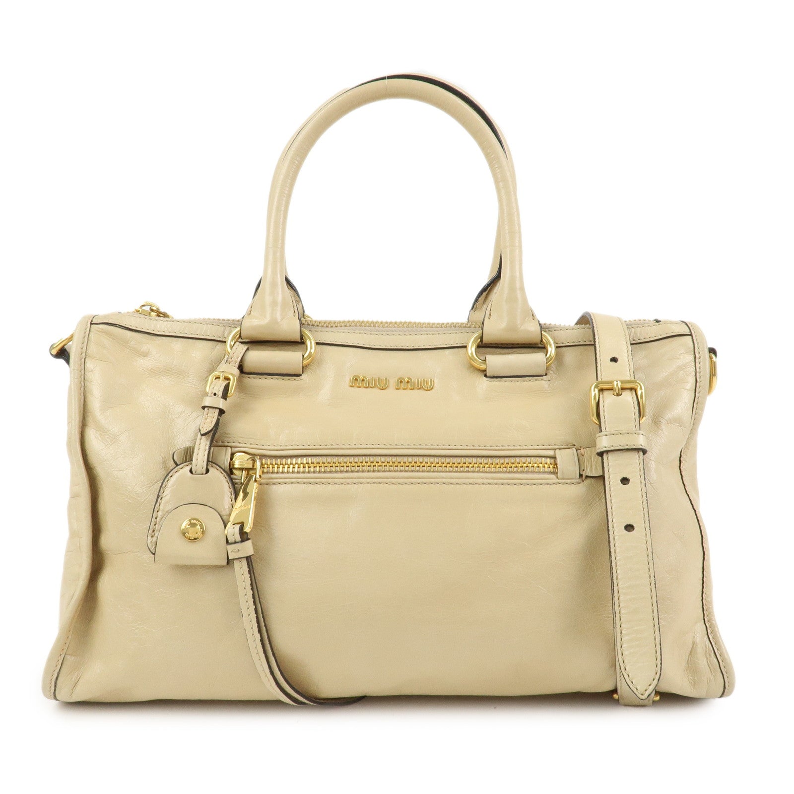 MIU MIU Logo Leather 2Way Bag Hand Bag Shoulder Bag Beige
