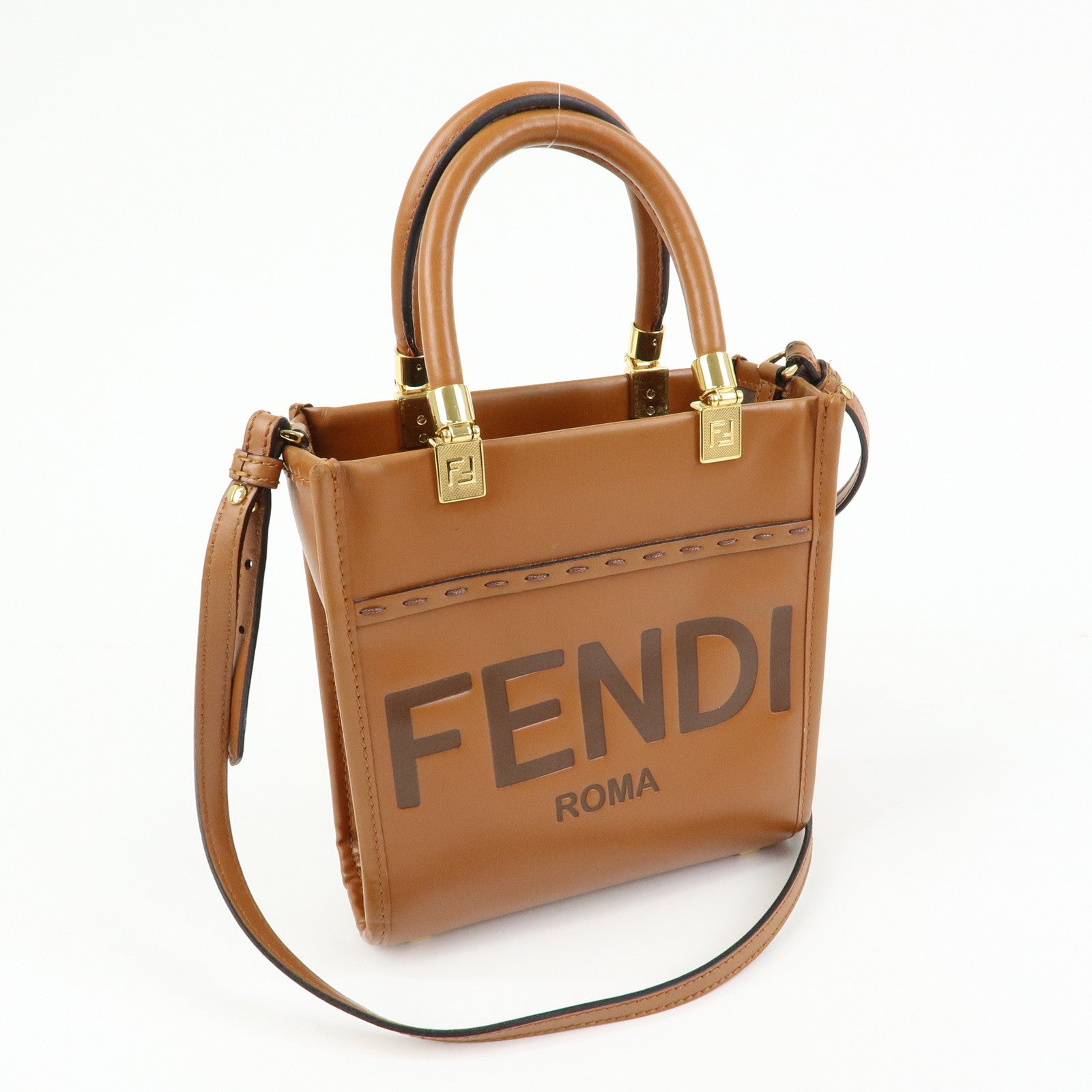 FENDI Leather Sunshine Shopper Small 2Way Hand Bag Brown 8BS092