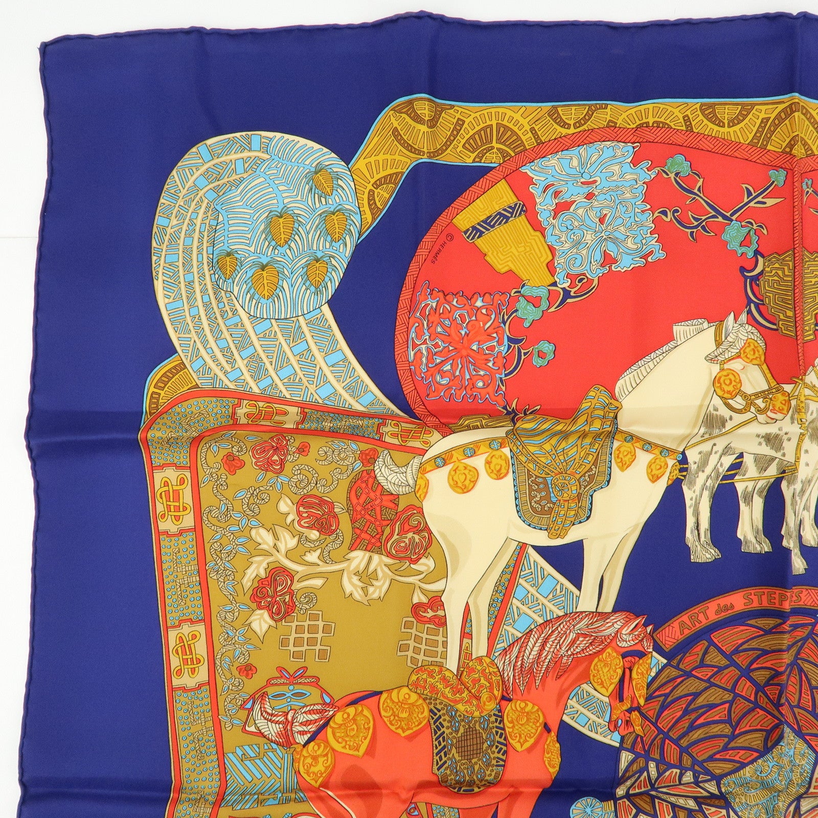 HERMES Carre 90 Silk 100% Scarf ART des STEPPES Horse Print Navy