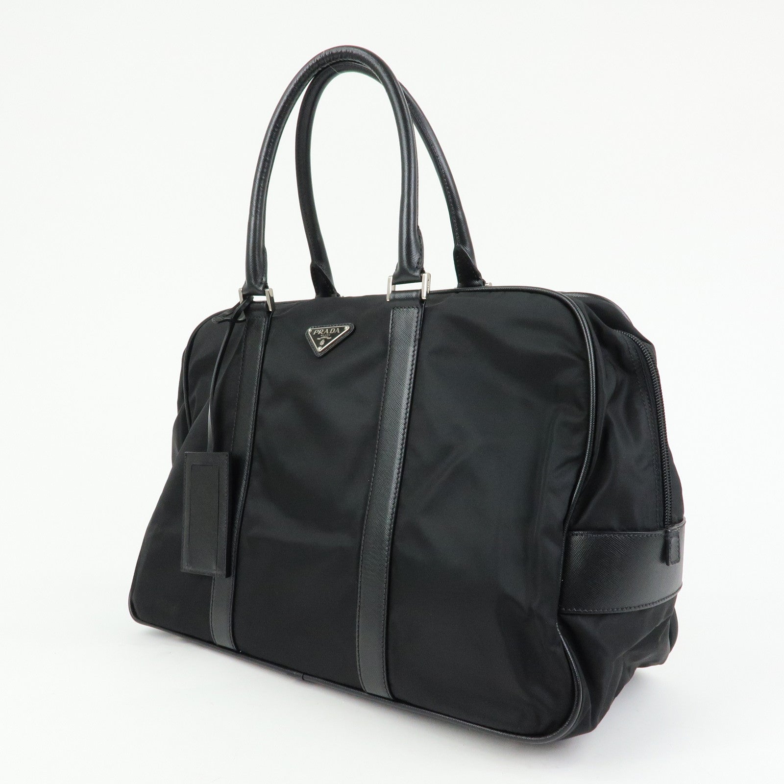 PRADA Triangle Logo Nylon Saffiano Leather Boston Bag Black VS0069