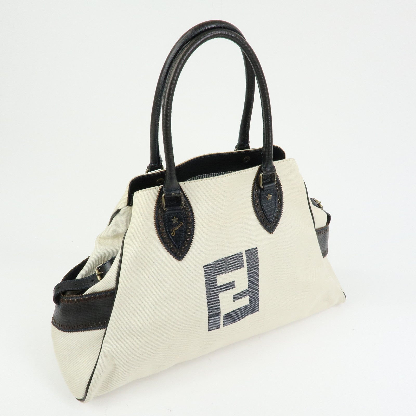 FENDI Etnico Denim Leather Tote Bag Ivory Dark Brown 8BN158