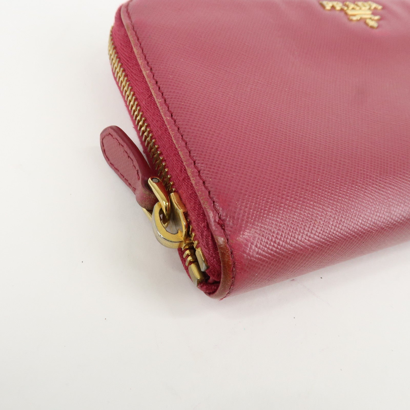 PRADA Logo Saffiano Leather Round Zippy Long Wallet Pink 1M0506 Used