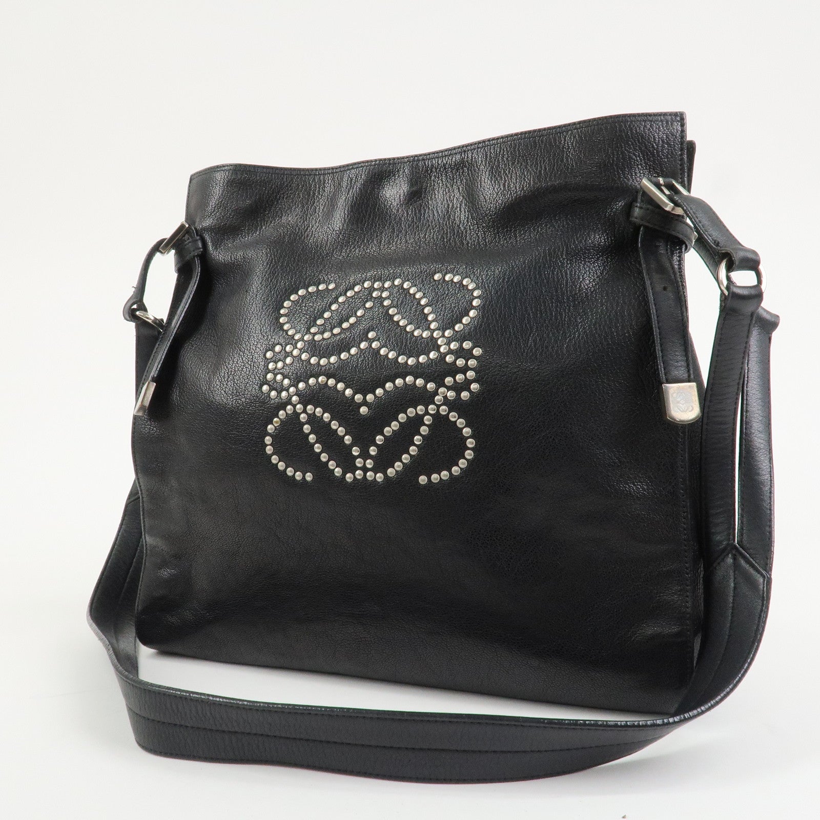 LOEWE Anagram Studs Logo Leather Shoulder Bag Crossbody Bag Black