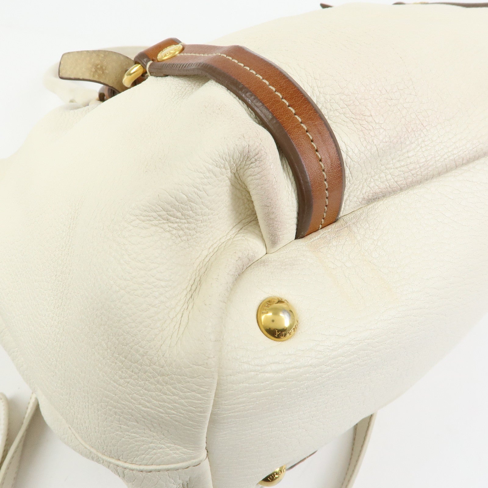 PRADA Leather 2Way Bag Hand Bag Shoulder Bag Ivory Brown BN1773