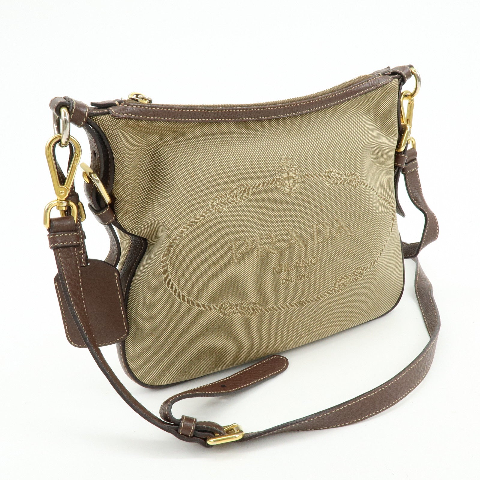 PRADA Logo Jacguard Leather Shoulder Bag Crossbody Bag Brown