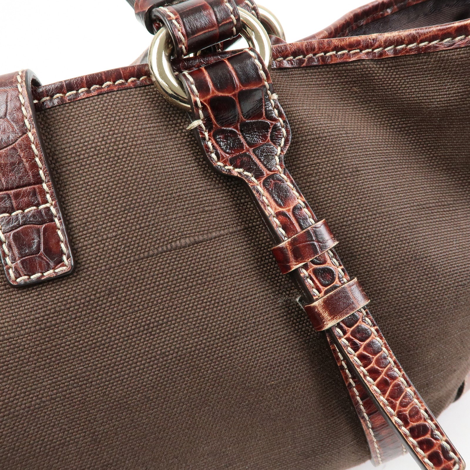 CELINE Logo Canvas Embossed Leather Tote Bag Hand Bag Brown