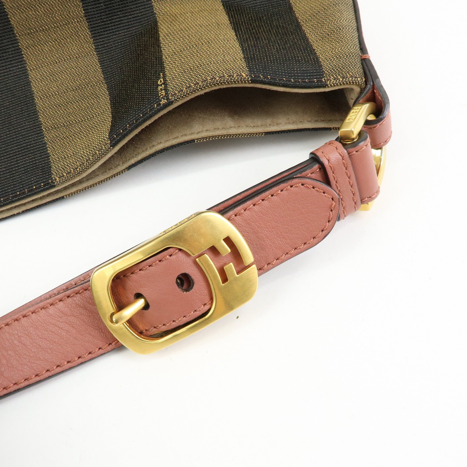 FENDI Pequin Canvas Leather Shoulder Bag Brown Pink 8BR669