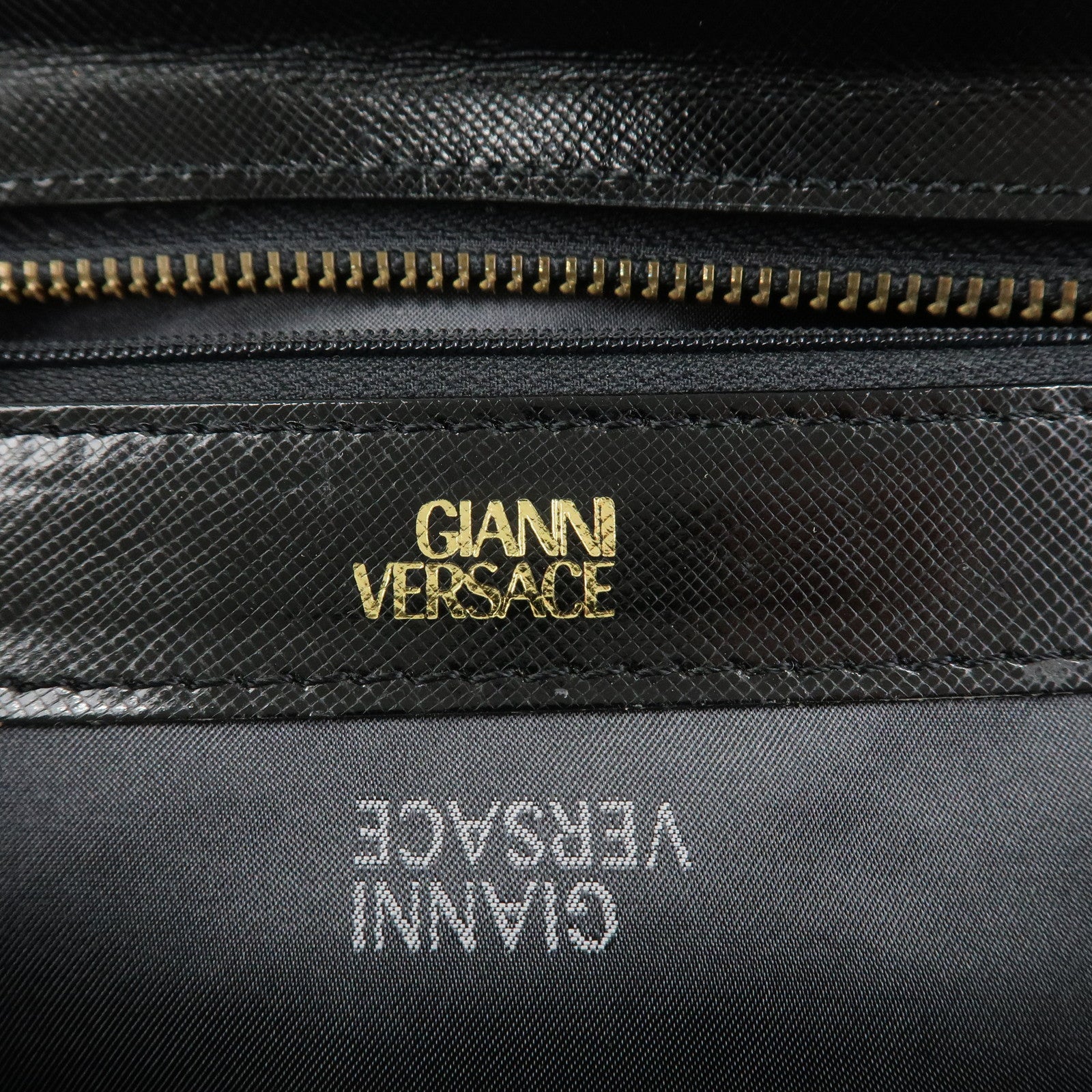 VERSACE Leather 2Way Hand Bag Shoulder Bag Black Gold