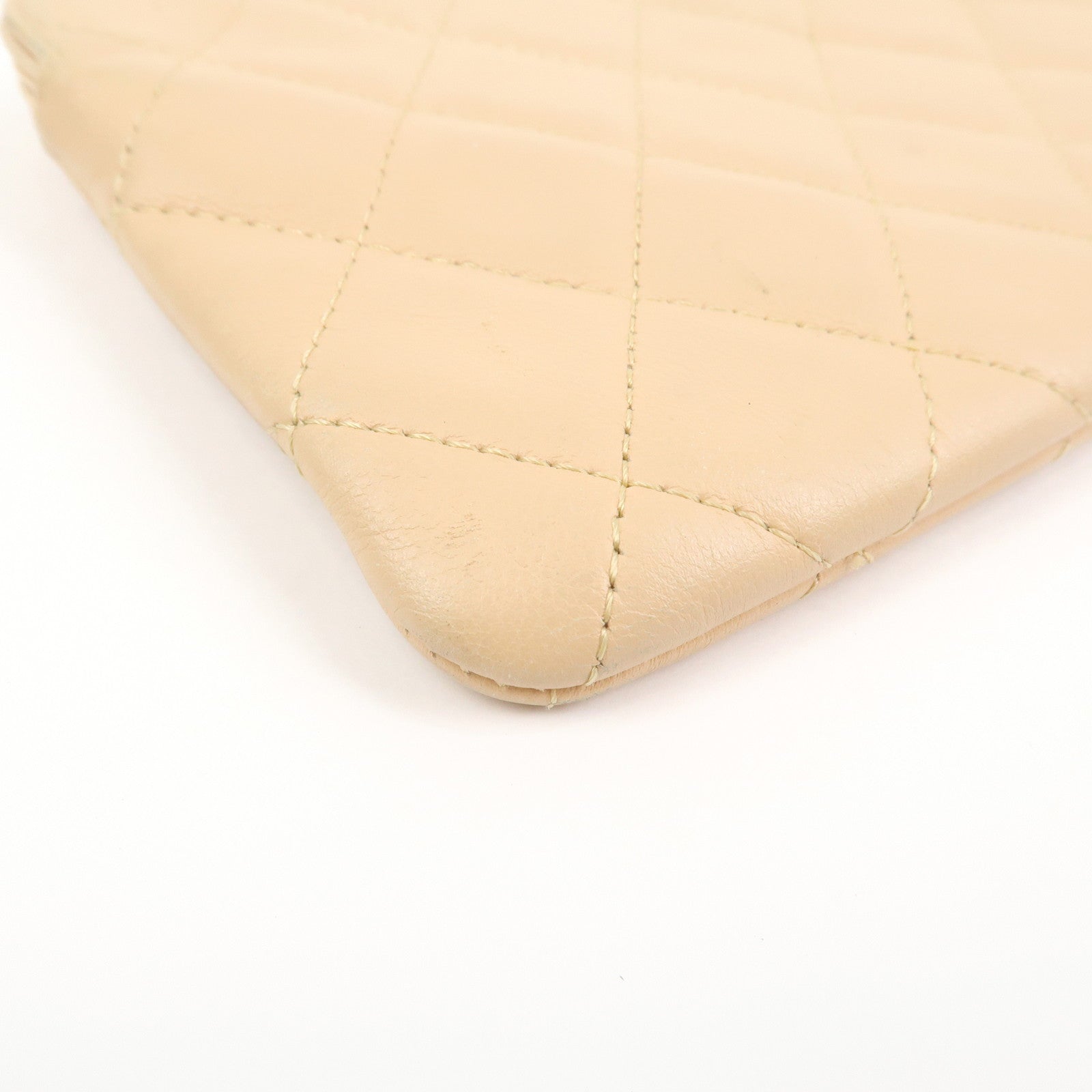 CHANEL Cambon Line Lamb Skin Cosmetic Pouch Makeup Bag Beige Black
