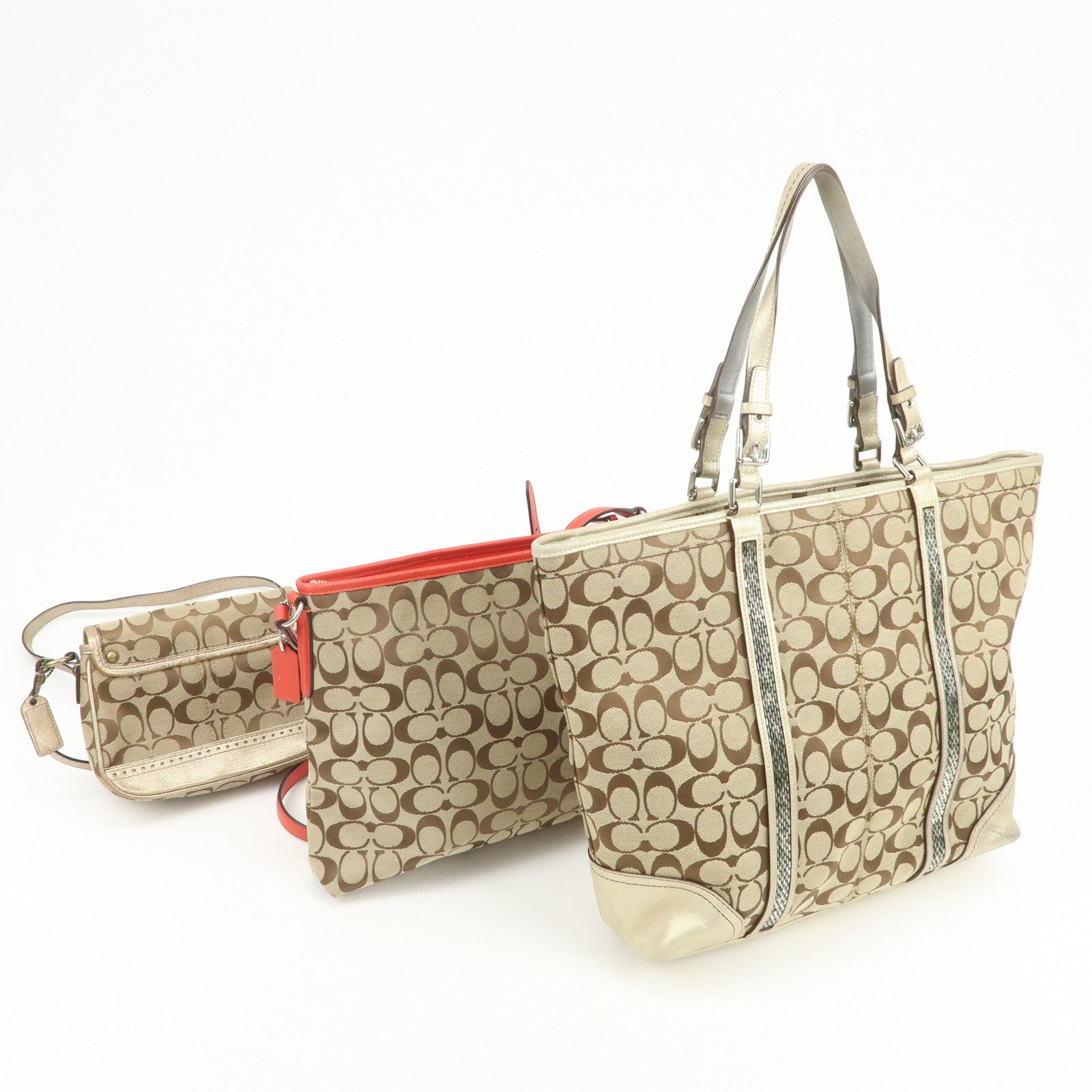 COACH Signature Set of 3 Shoulder Bag Hand Bag Beige Brown Gold