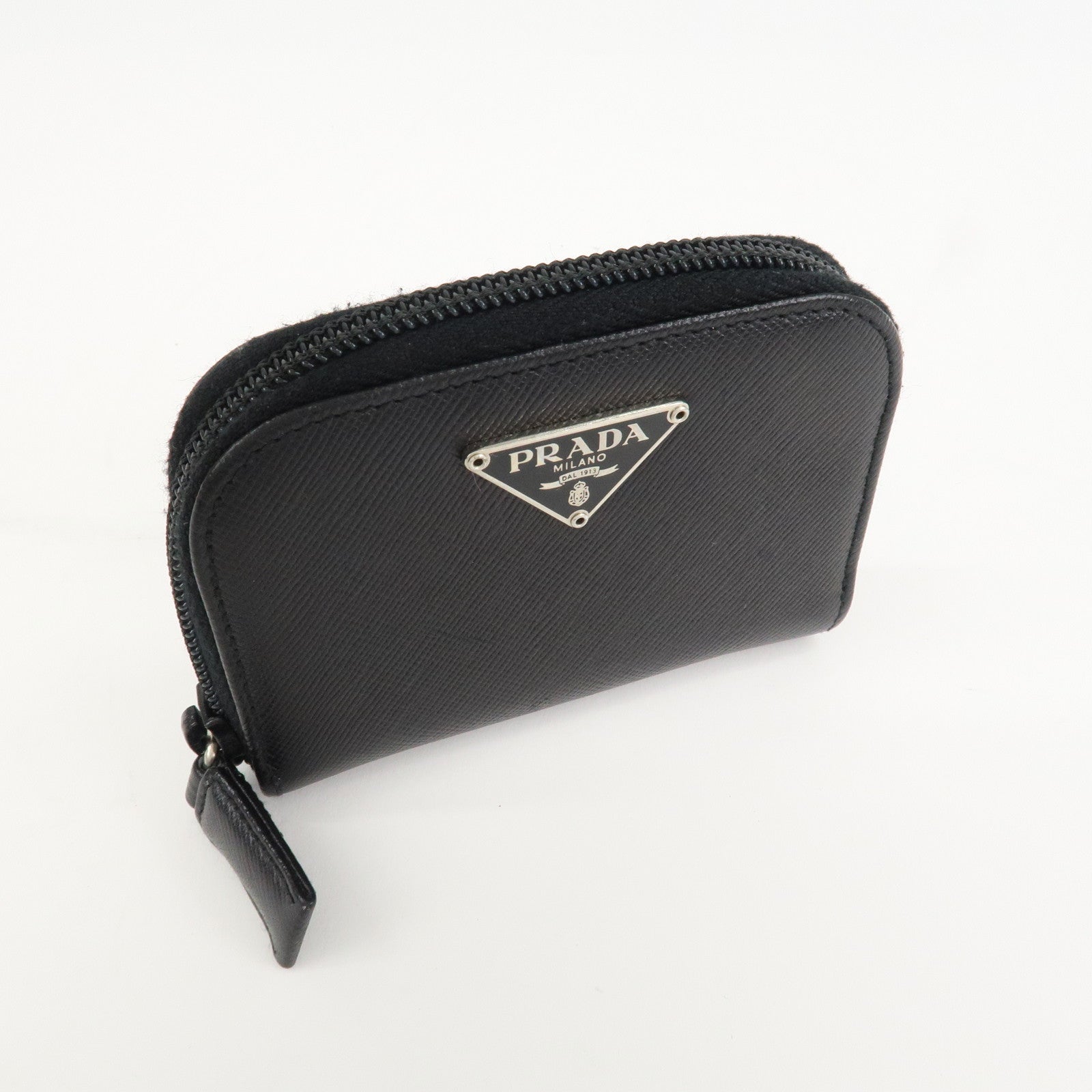 PRADA Triangle Logo Saffiano Leather Round Zippy Coin Case Black