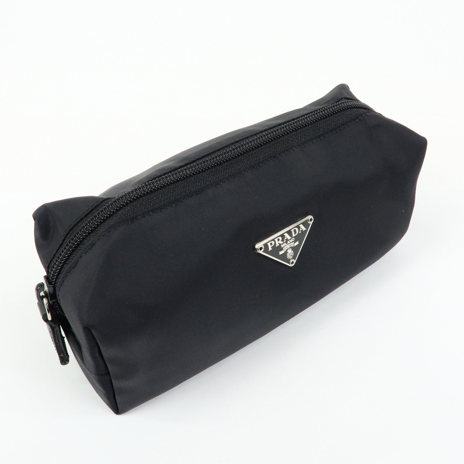 PRADA Triangle Logo Nylon Cosmetic Pouch Makeup Bag Black