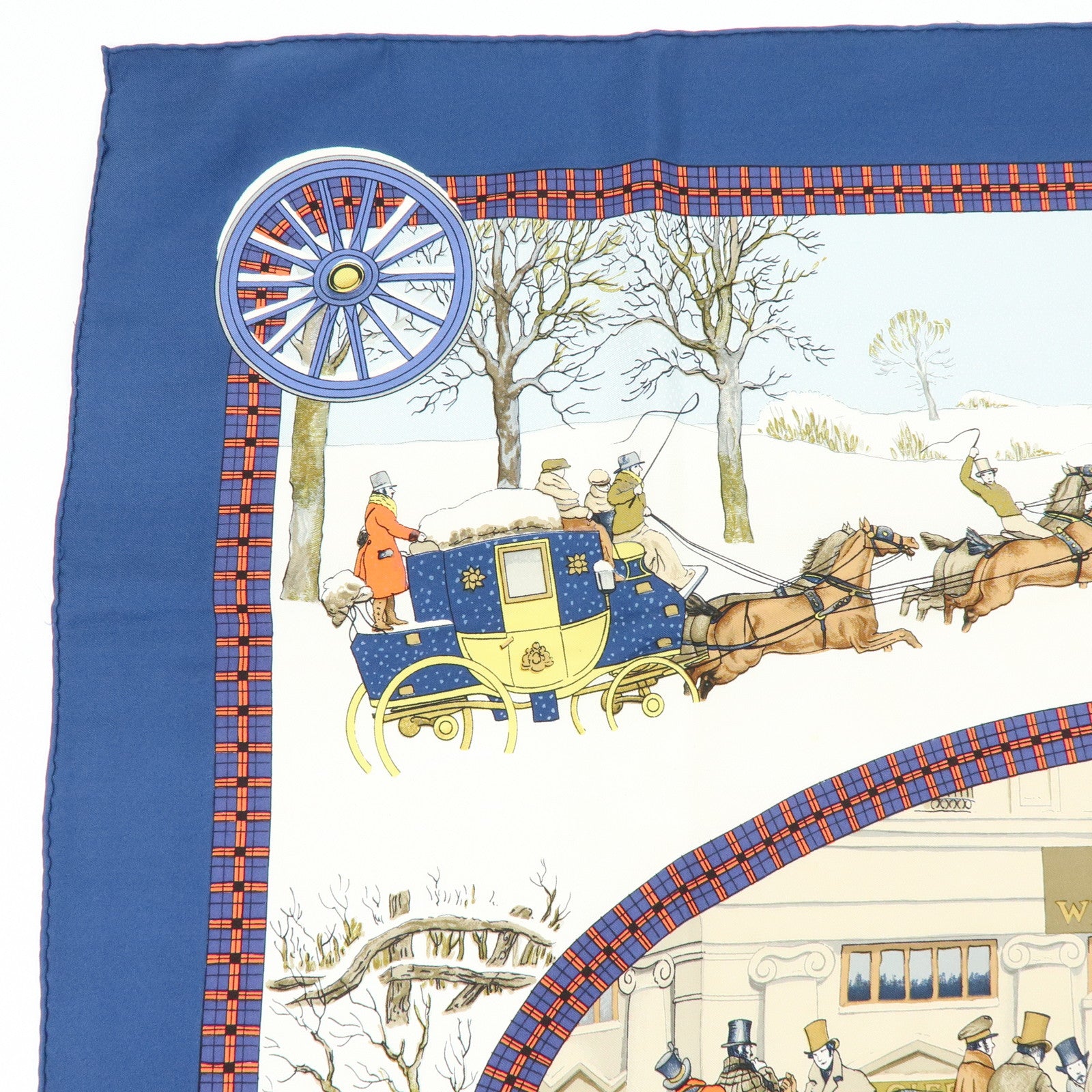 HERMES Carre 90 Silk 100% L'HIVER EN POSTE Scarf Navy Brown