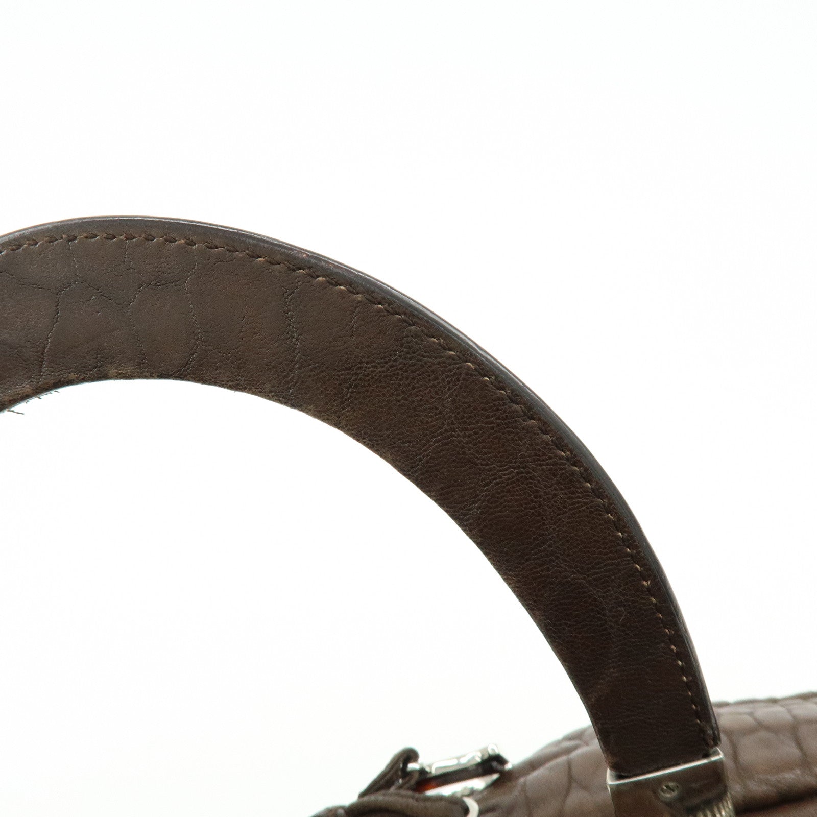 Christian Dior Embossed Gathered Leather Boston Bag Hand Bag Brown