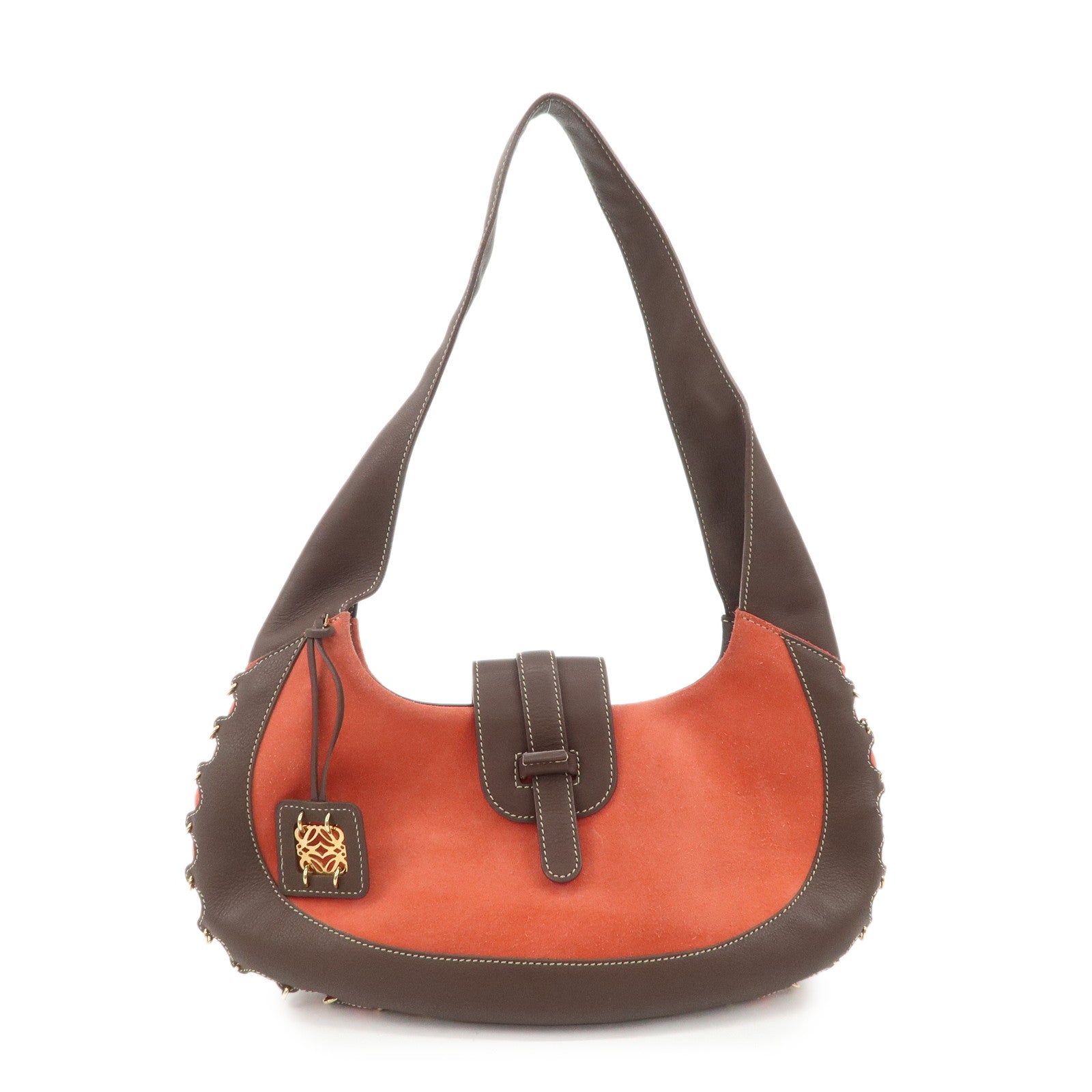 LOEWE Leather Suede Shoulder Bag Hand Bag Brown Red Gold HDW