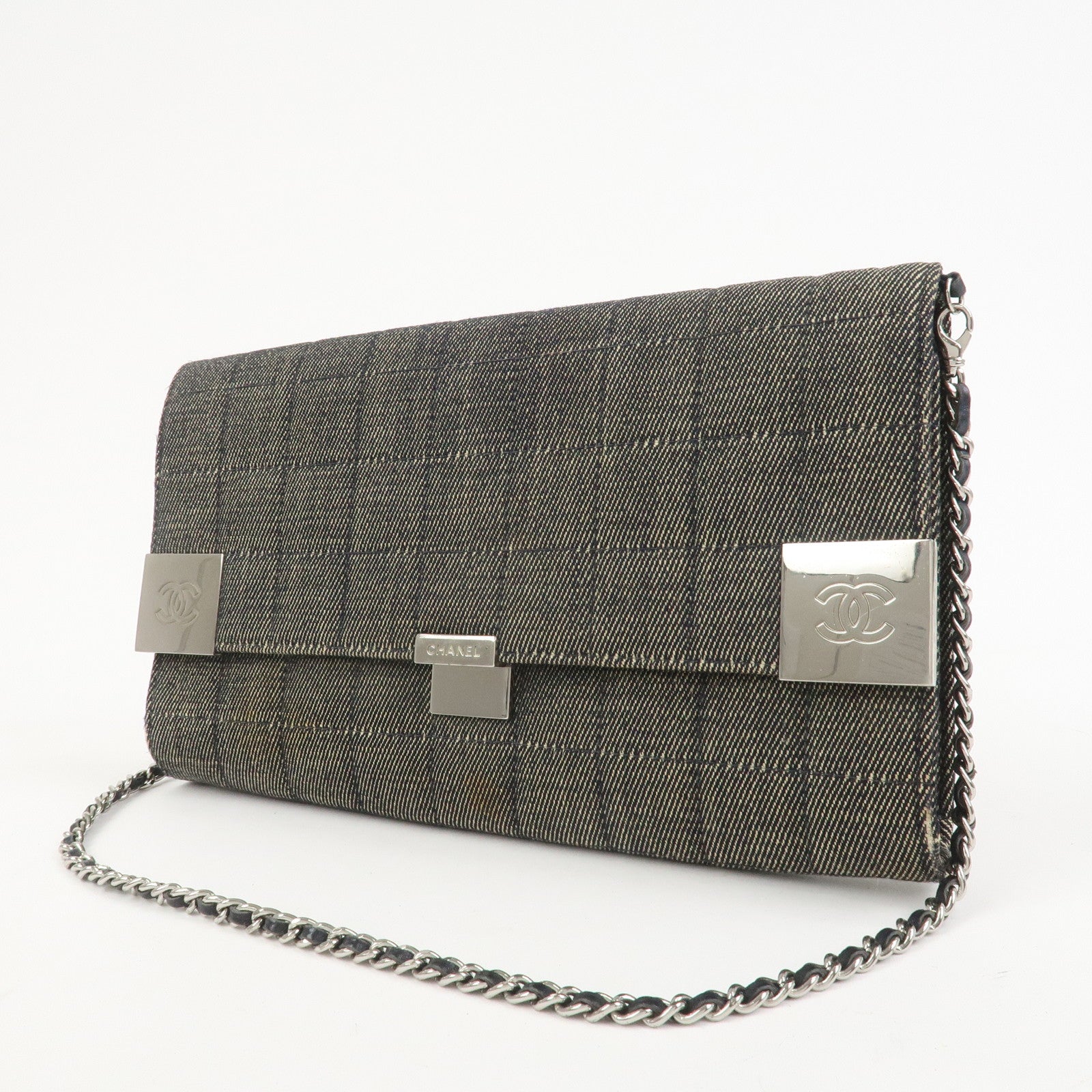 CHANEL Chocolate Bar Denim Leather Chain Shoulder Hand Bag Black