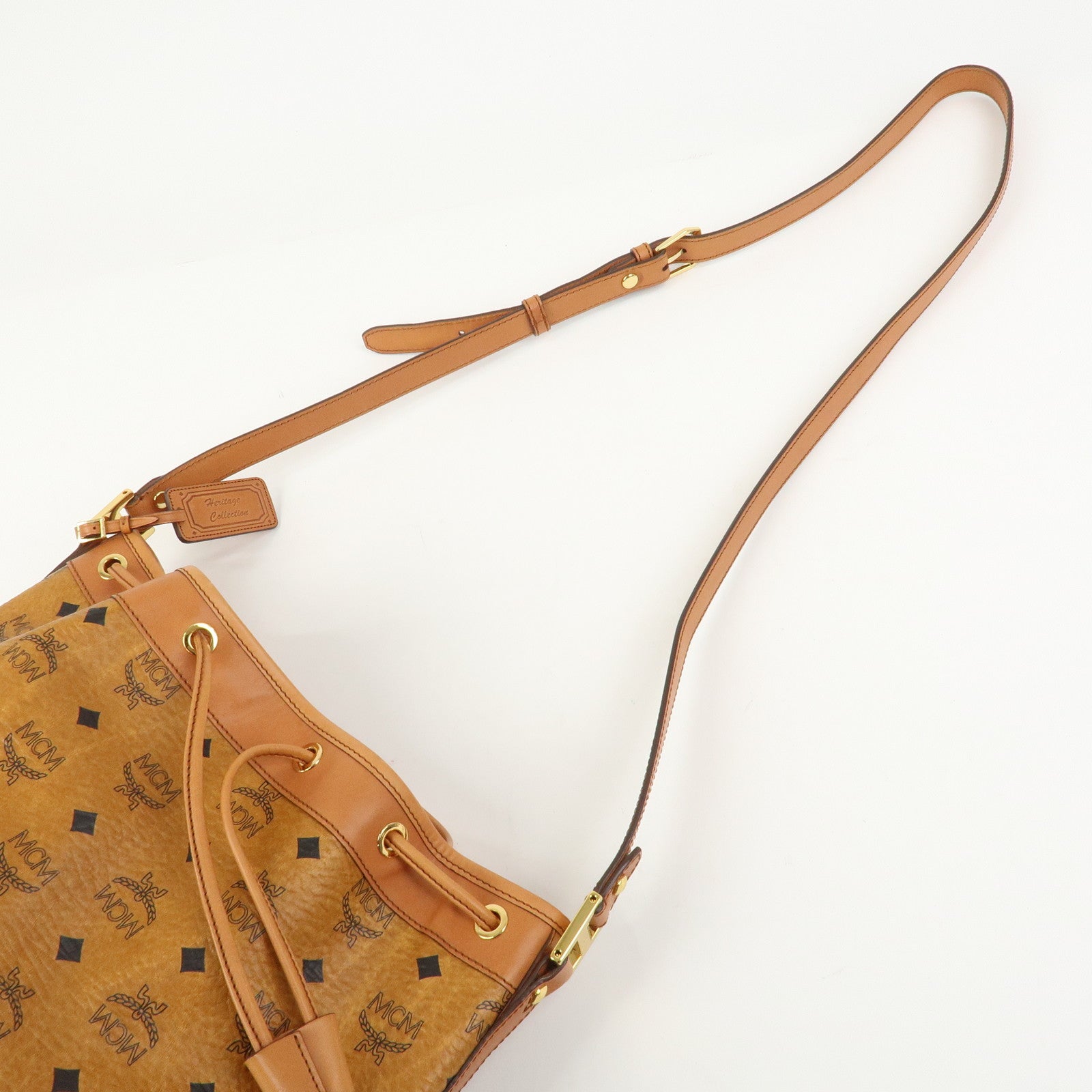 MCM Visetos Leather Bucket Bag Shoulder Bag Drawstring Brown