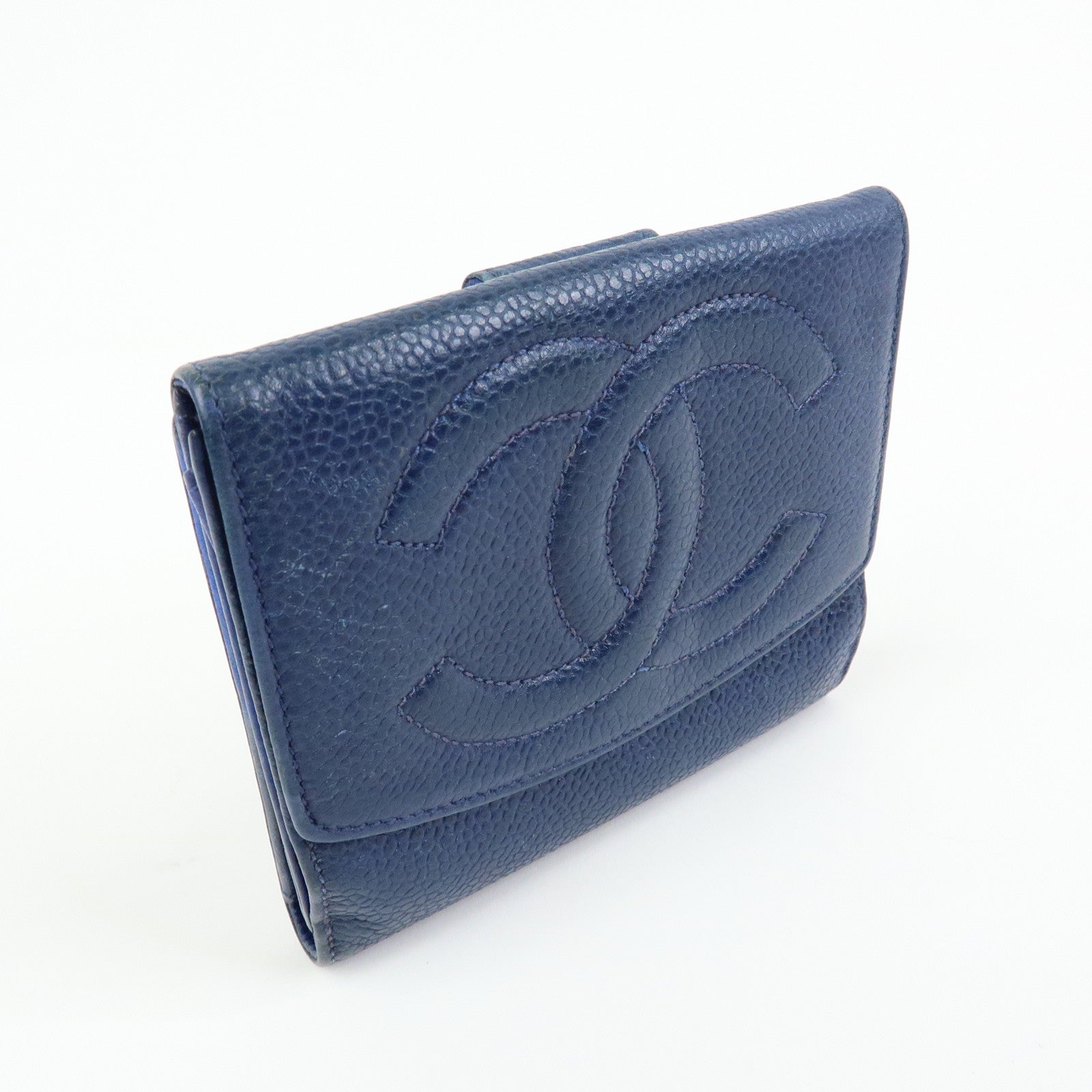 CHANEL COCO Mark Caviarskin W Hook Compact Wallet Navy A01427