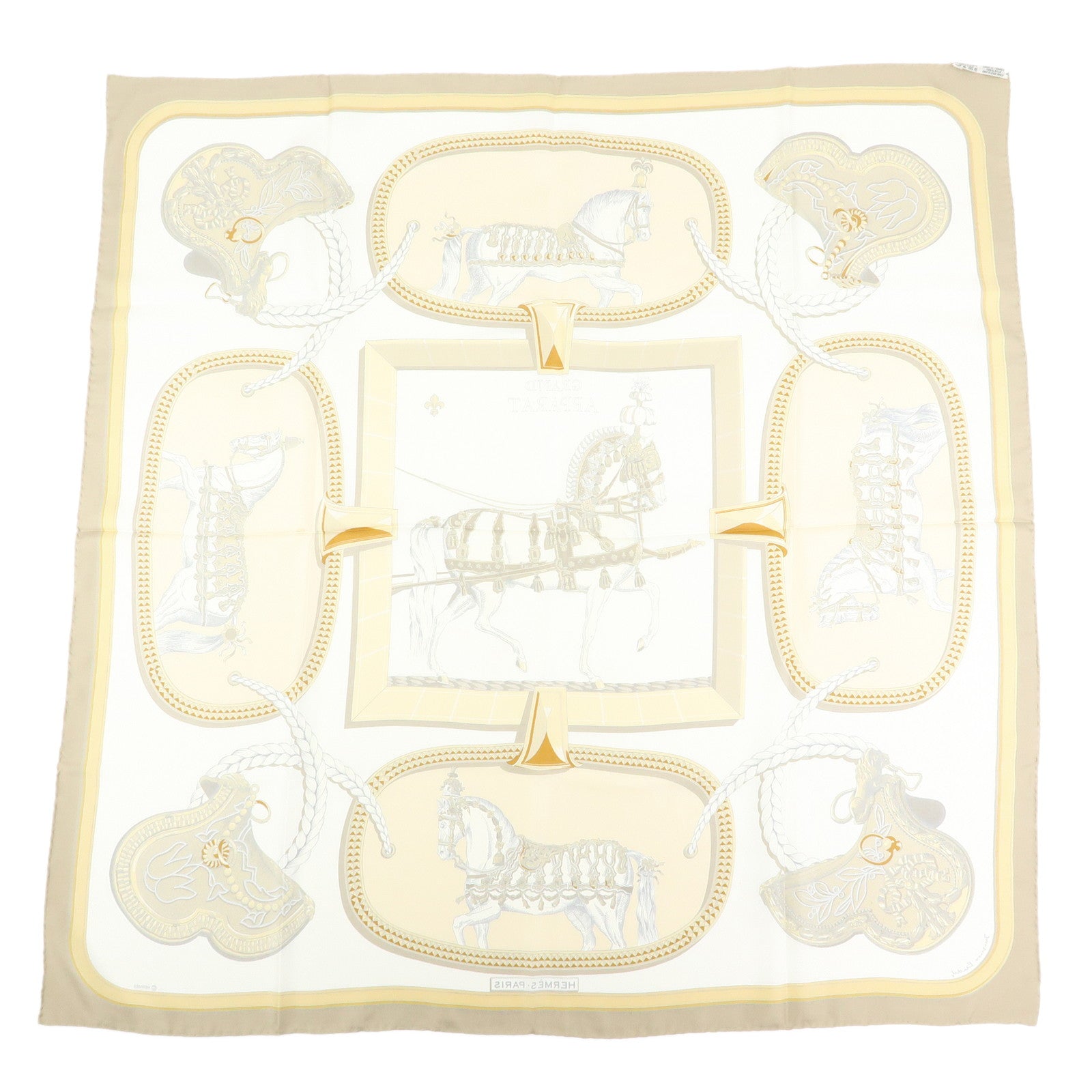 HERMES Carre 90 Silk 100% Scarf GRAND APPARAT White Beige