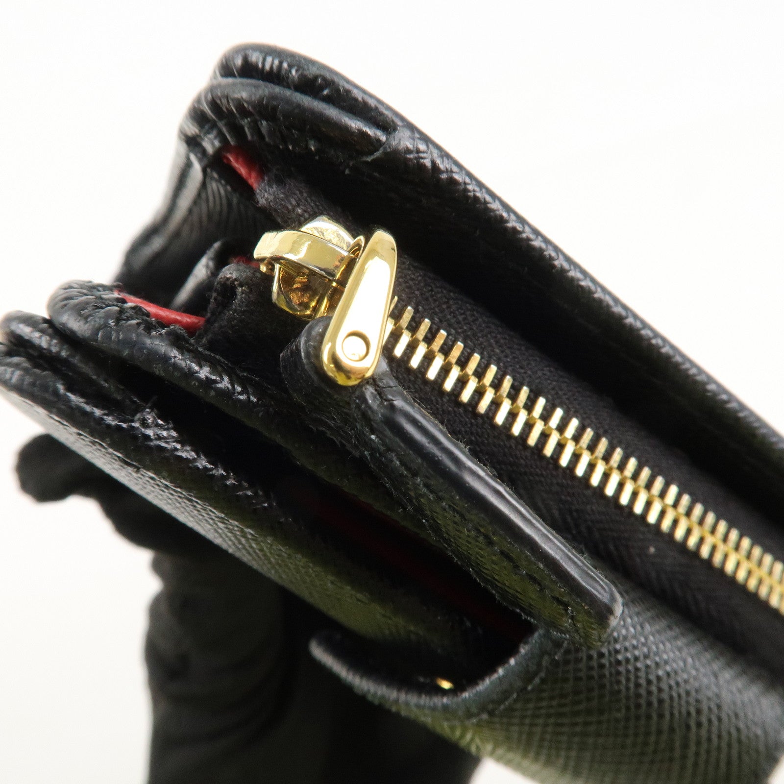 PRADA Saffiano Leather Bi-Fold Wallet Black Red Gold 1ML018 Used