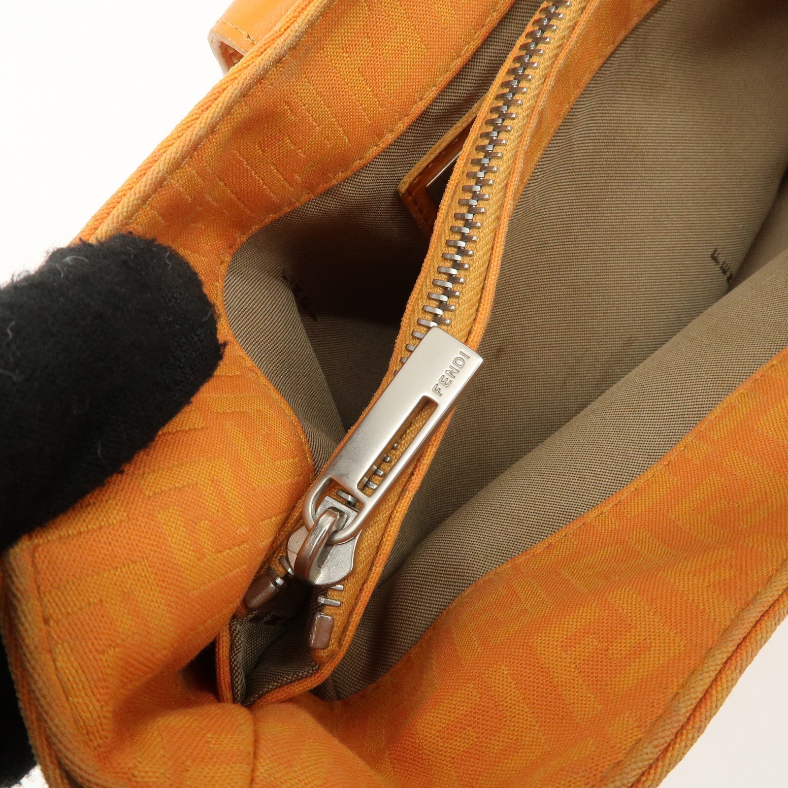 FENDI Zucchino Canvas Leather Shoulder Bag Hand Bag Orange 8BR036 Used