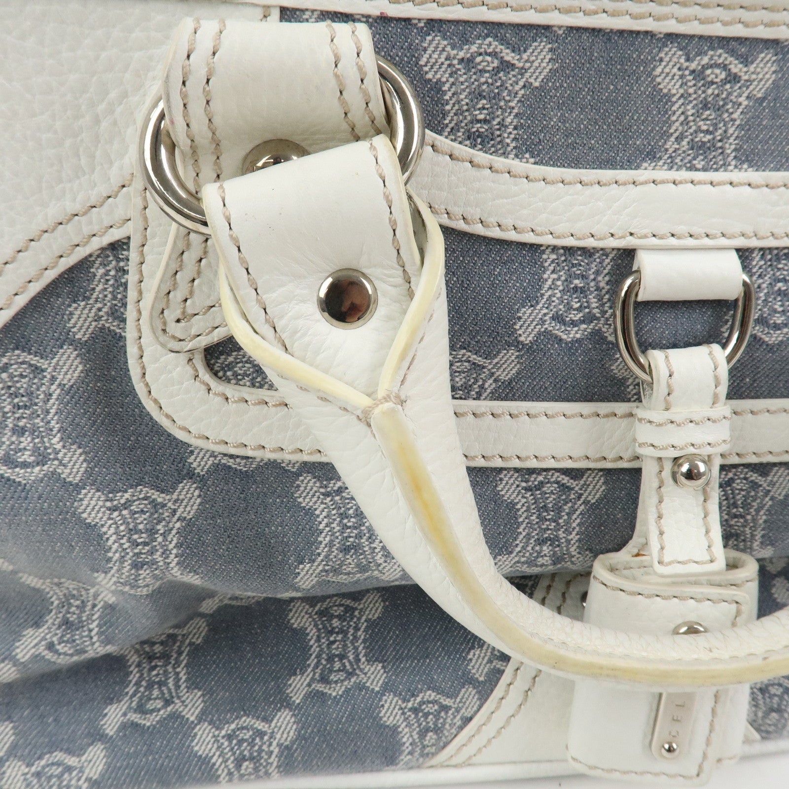 CELINE Macadam Canvas Leather Boogie Bag Hand Bag Light Blue White