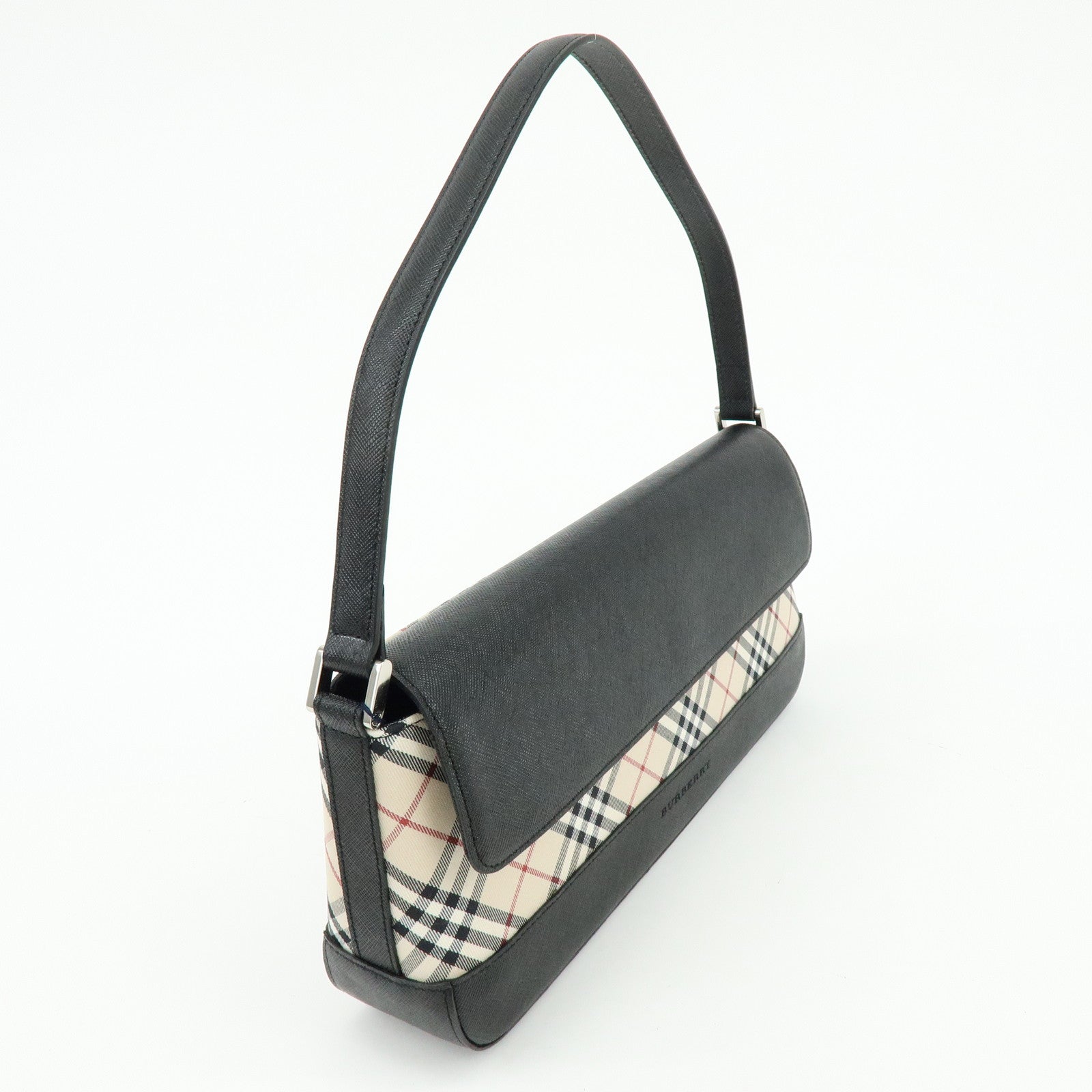 BURBERRY Nova Plaid Canvas Leather Shoulder Hand Bag Beige Black