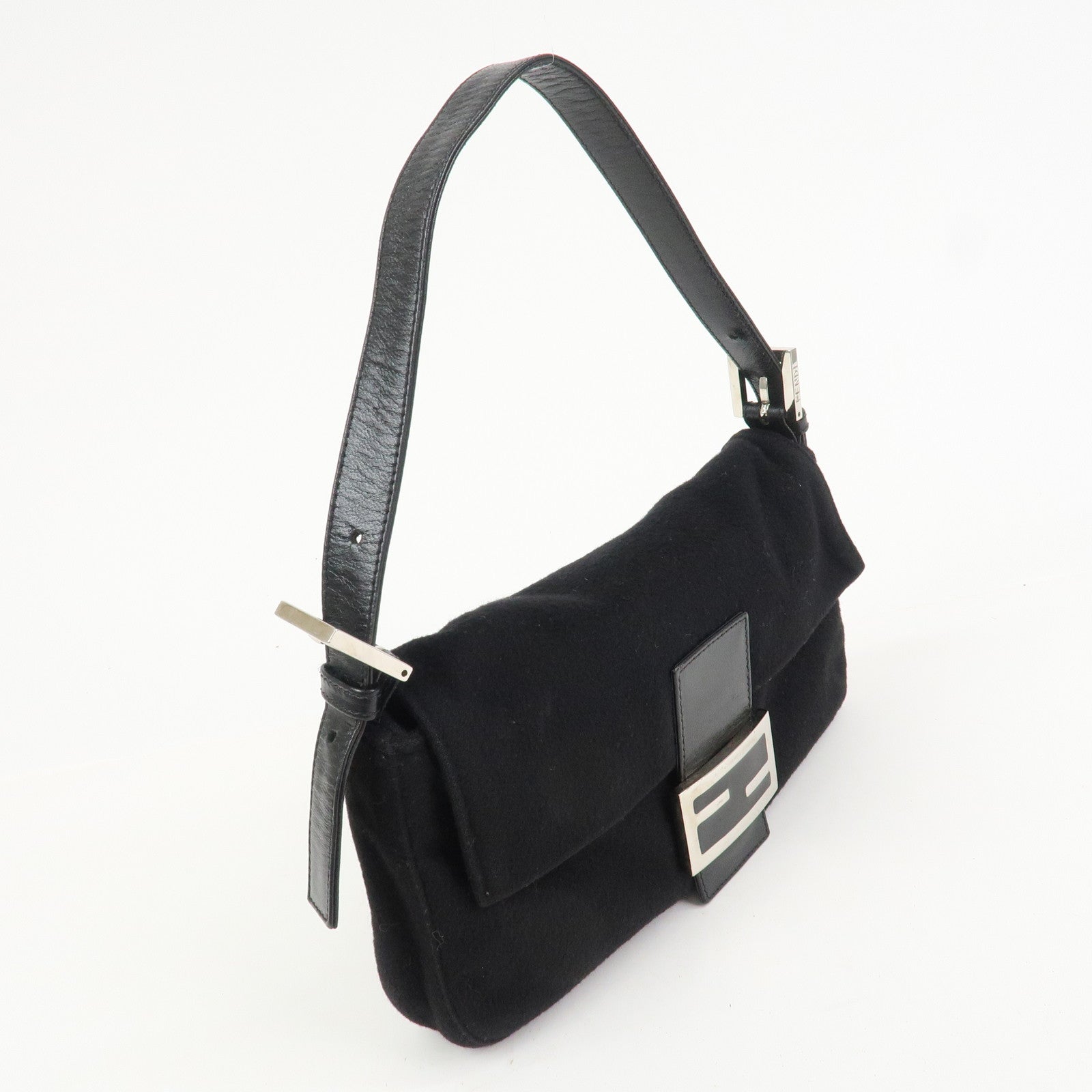 FENDI Mamma Baguette Wool Leather Shoulder Bag Hand Bag Black 26424