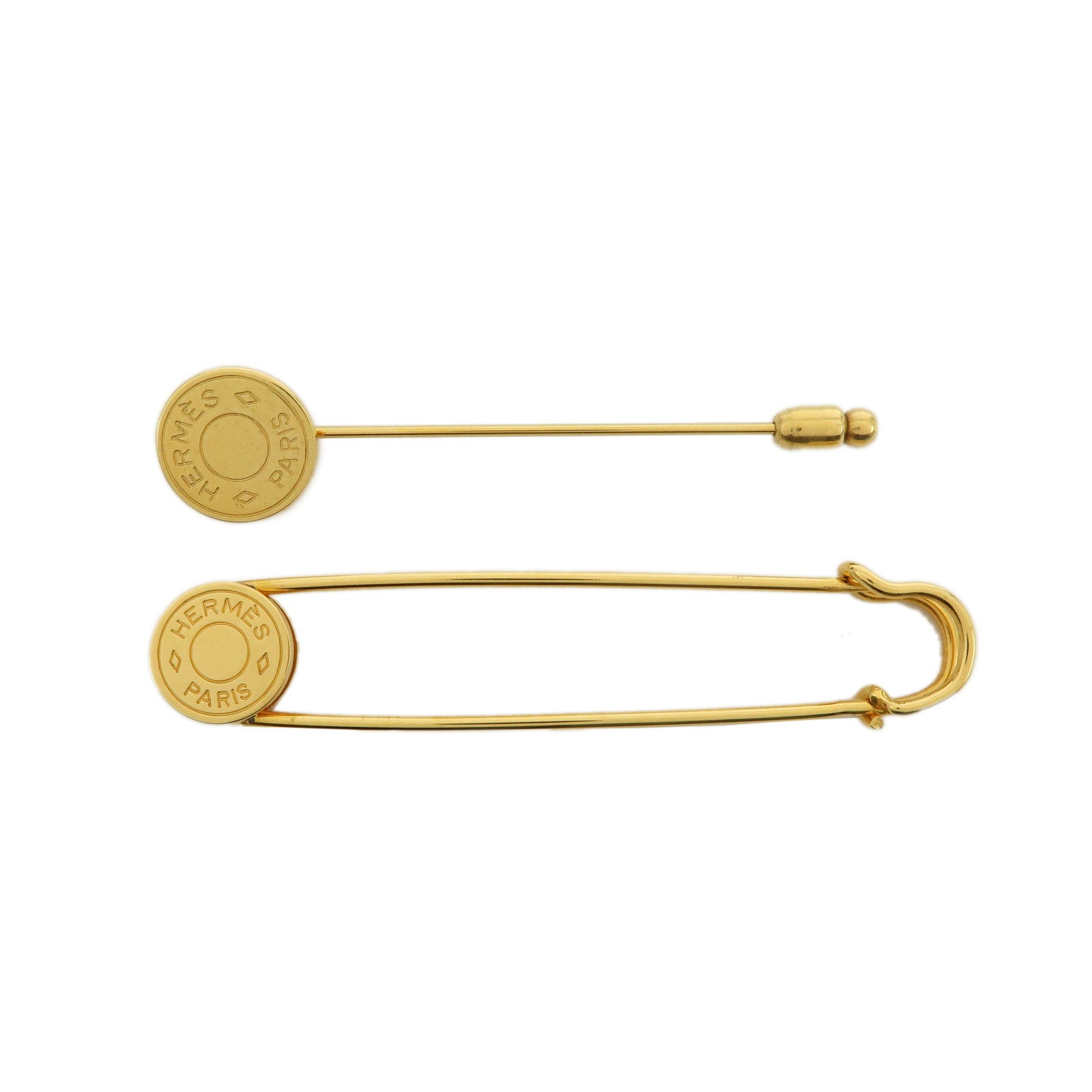 HERMES Sellier Set of 2 Metal Pin Brooch Gold