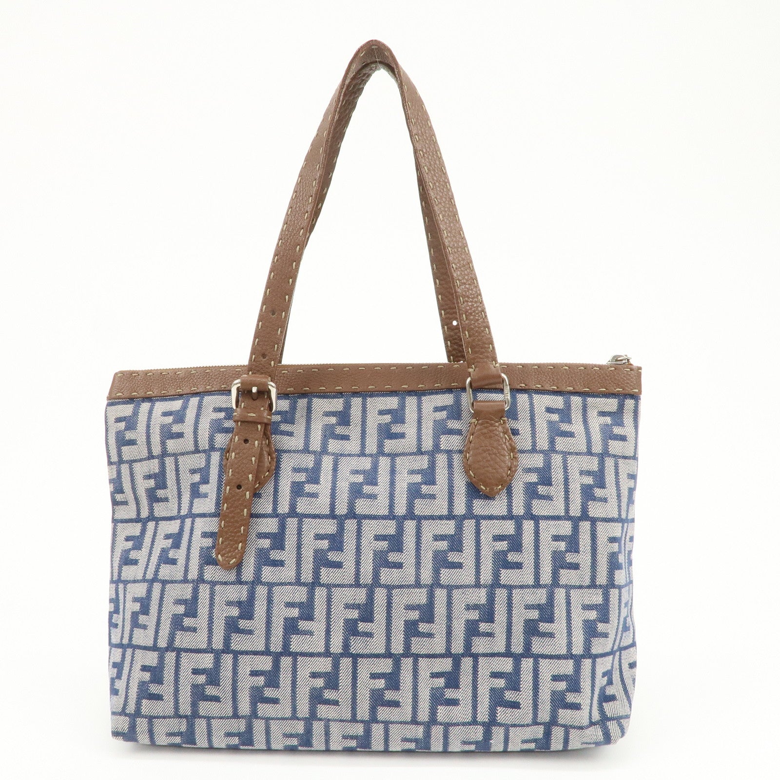 FENDI Zucca Seleria Denim Leather Tote Bag Hand Bag Blue 8BH179