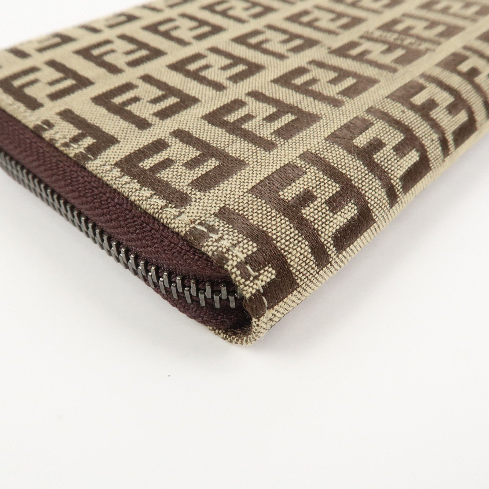 FENDI Zucchino Canvas Leather Round Zippy Long Wallet Brown 8M0024