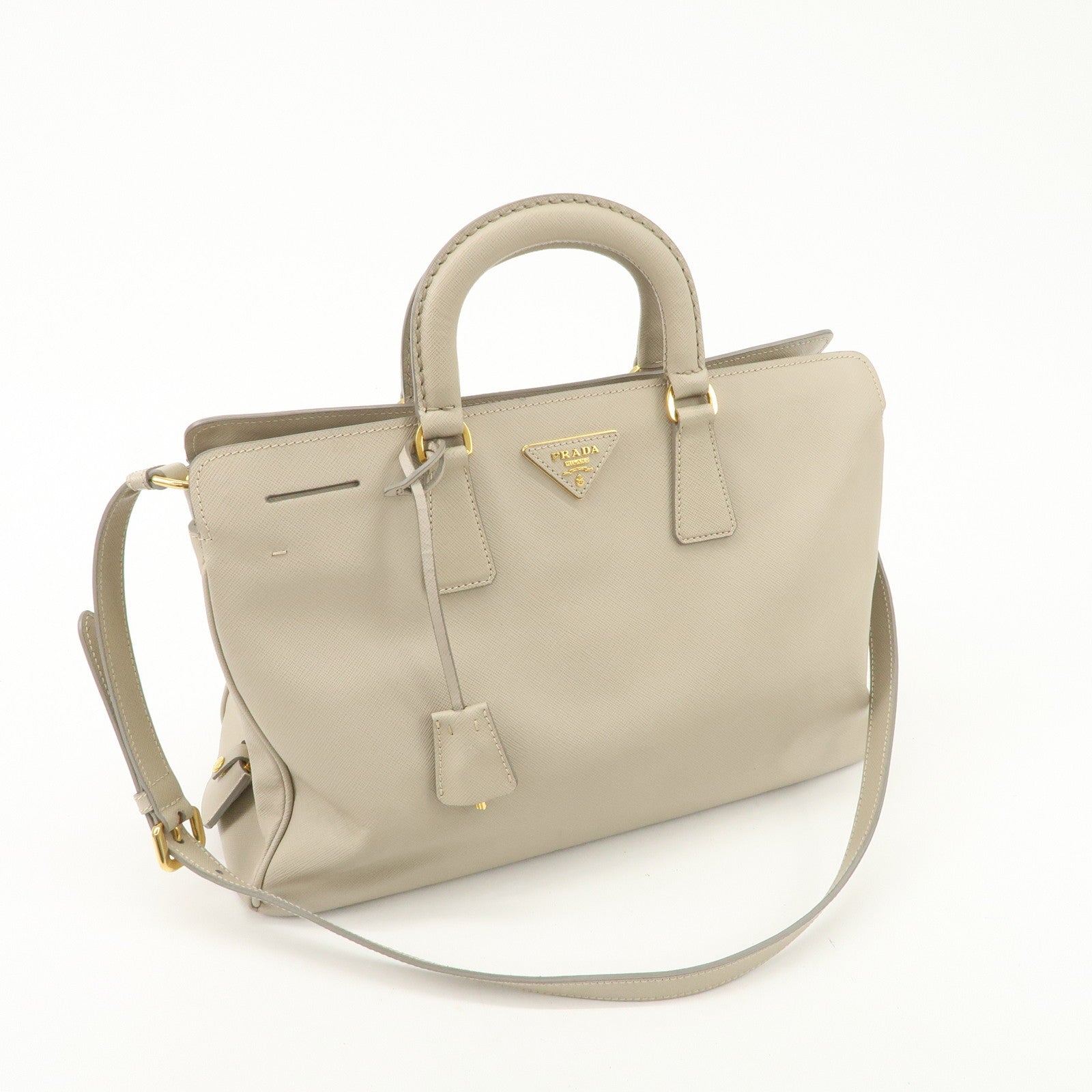 PRADA Triangle Logo Leather 2Way Bag Hand Bag Beige Gold Hardware Used