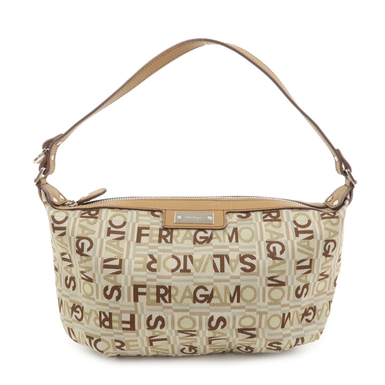 Ferragamo Logo Canvas Leather Hand Bag Shoulder Bag Beige Brown
